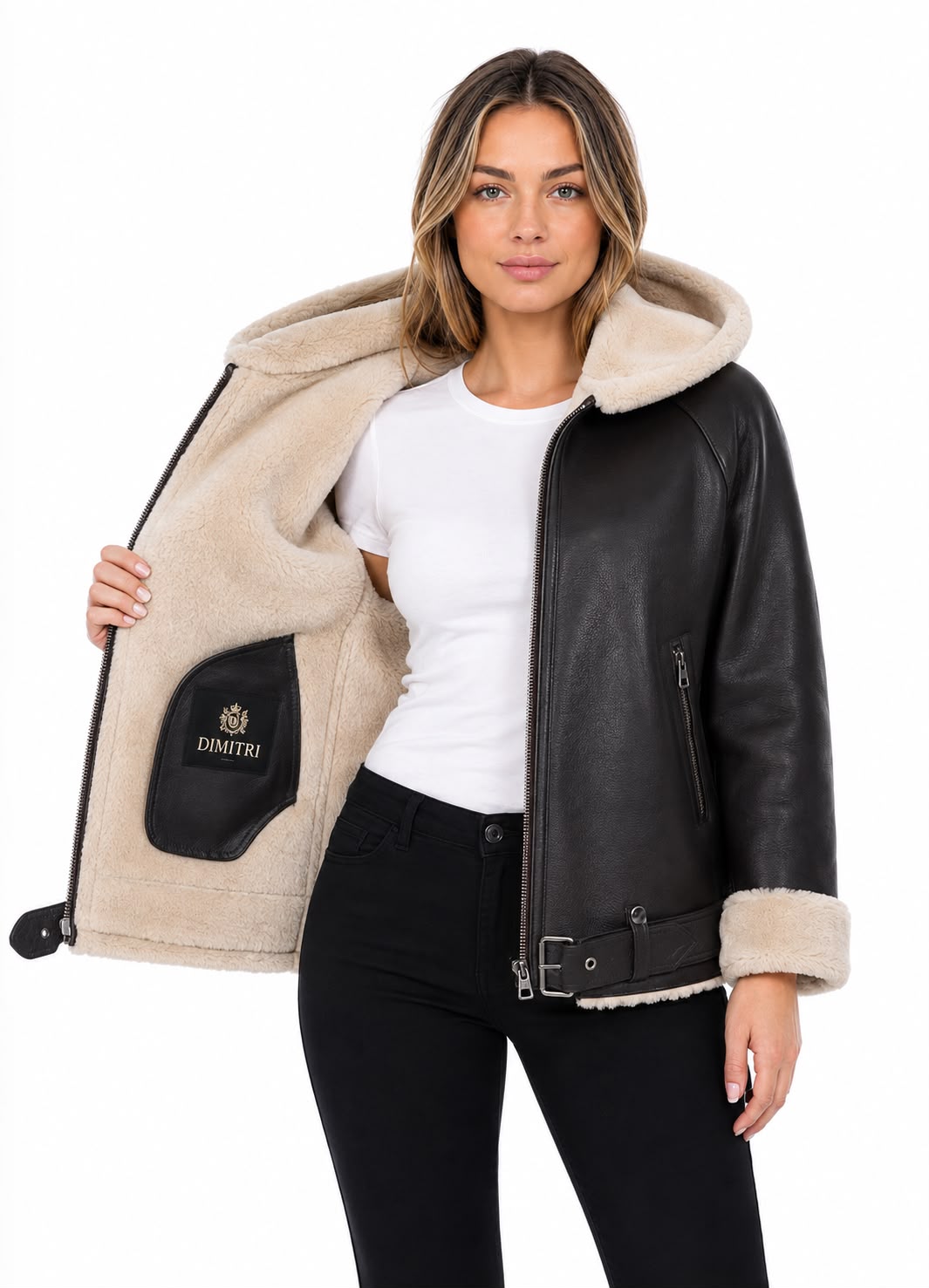 Valentia Shearling Hooded Leather Jacket – Dark Brown with Natural Shearling Trim-thumbmail-4