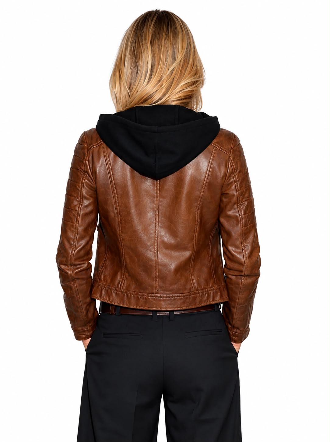 REBECCA BIKER Leather Jacket with Removable Hoodie