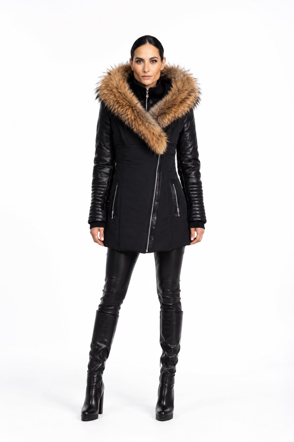 Melania - Natural Fur Down Puffer with Leather Sleeves