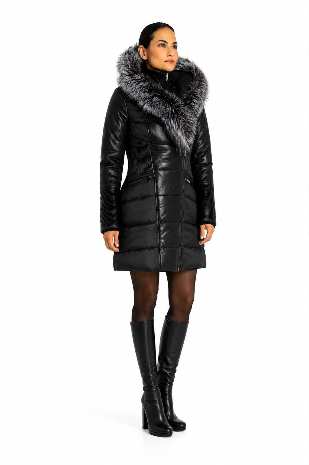 Kylie Leather & Silver Fox Fur Winter Coat-thumbmail-3