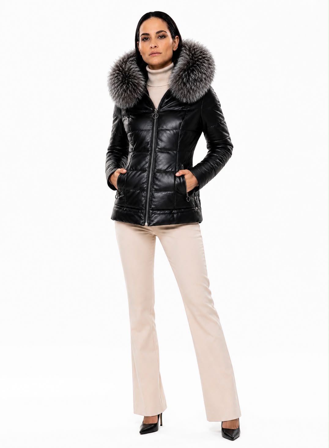 Lyanna Women's Leather Down Coat with Removable Fur-thumbmail-4