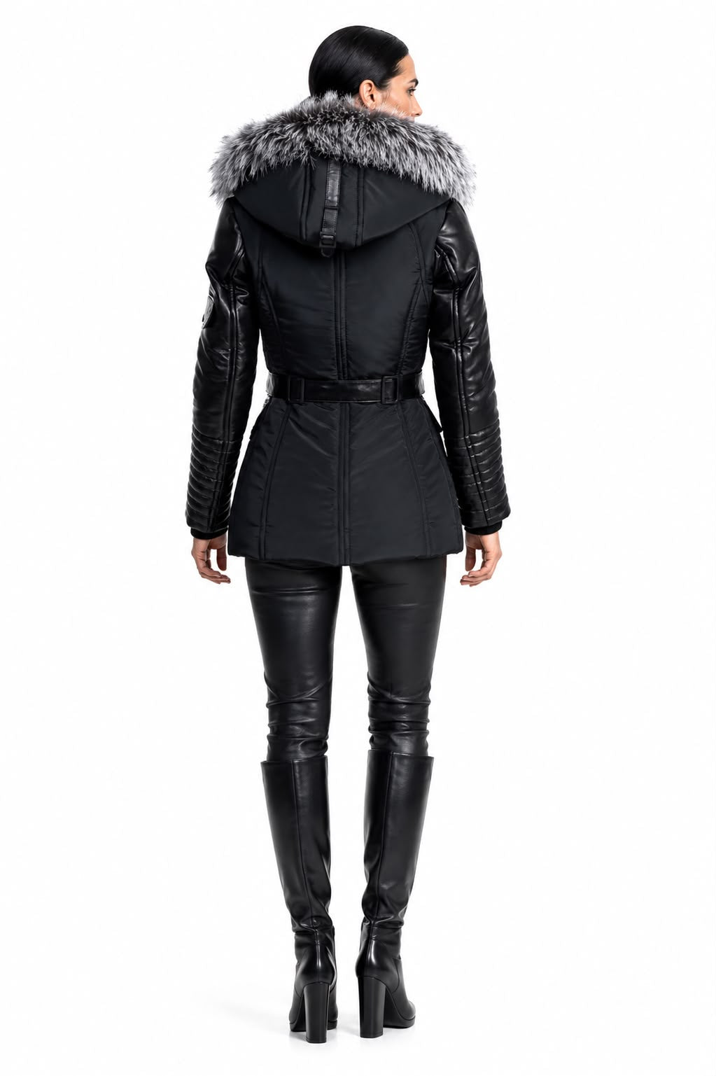 Kim Leather Sleeve Jacket with Silver Fox Fur-thumbmail-5