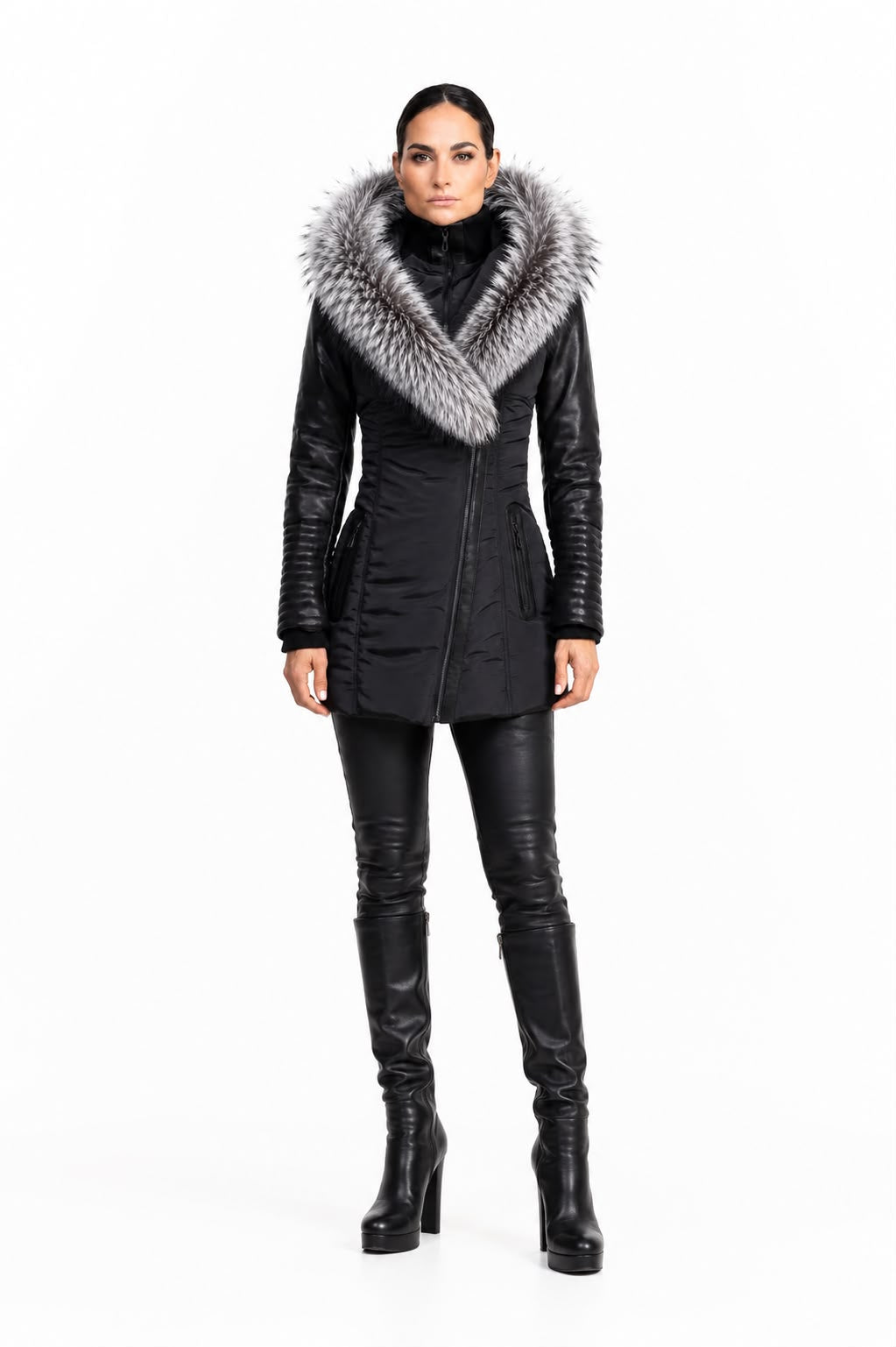Melania - Silver Fox Puffer Jacket With Leather Sleeves