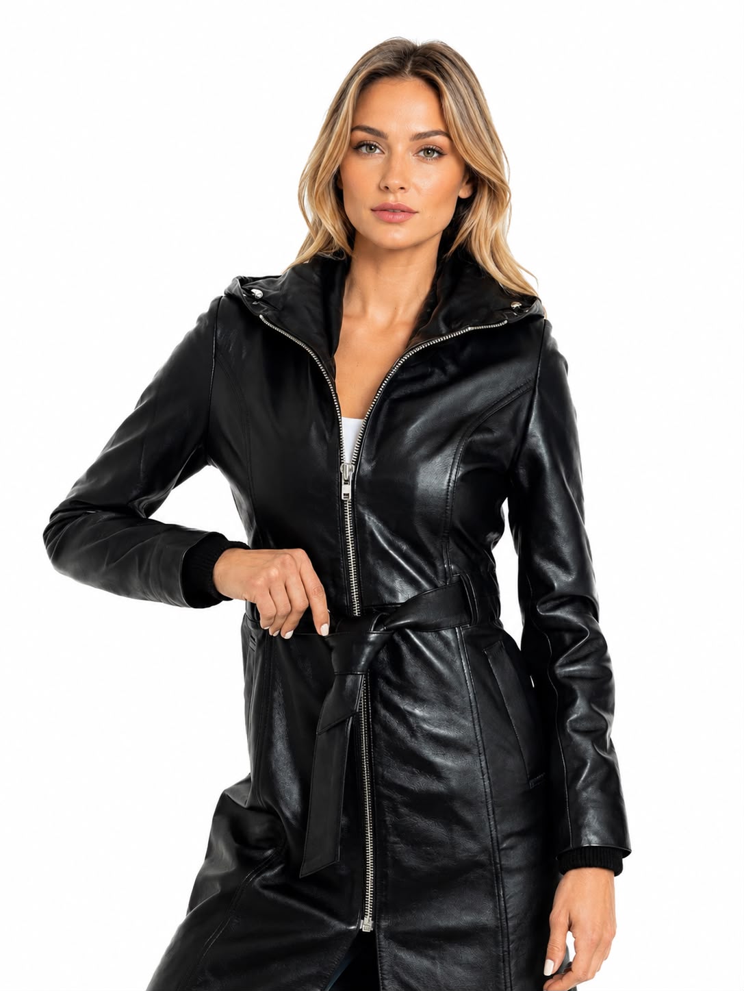 Krystal Leather Trench Jacket with Hood