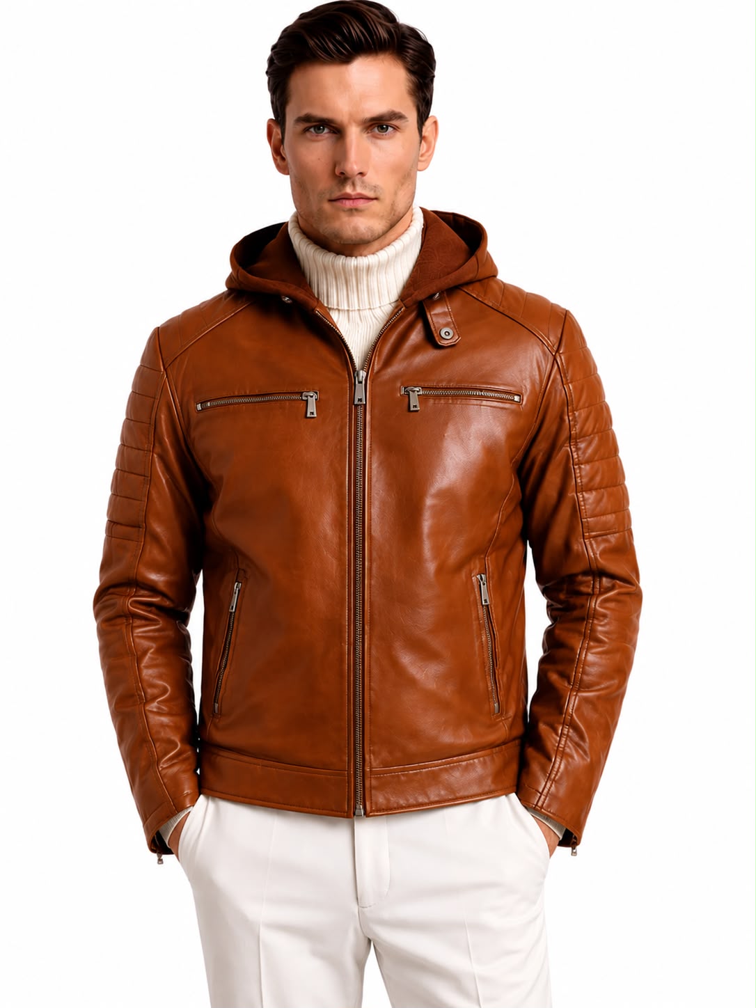 RYDER Men's Genuine Lambskin Leather Jacket with Removable Hood