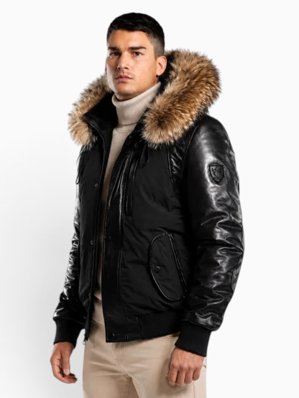 Victor Men's Winter Jacket Leather Sleeves With Natural Fur