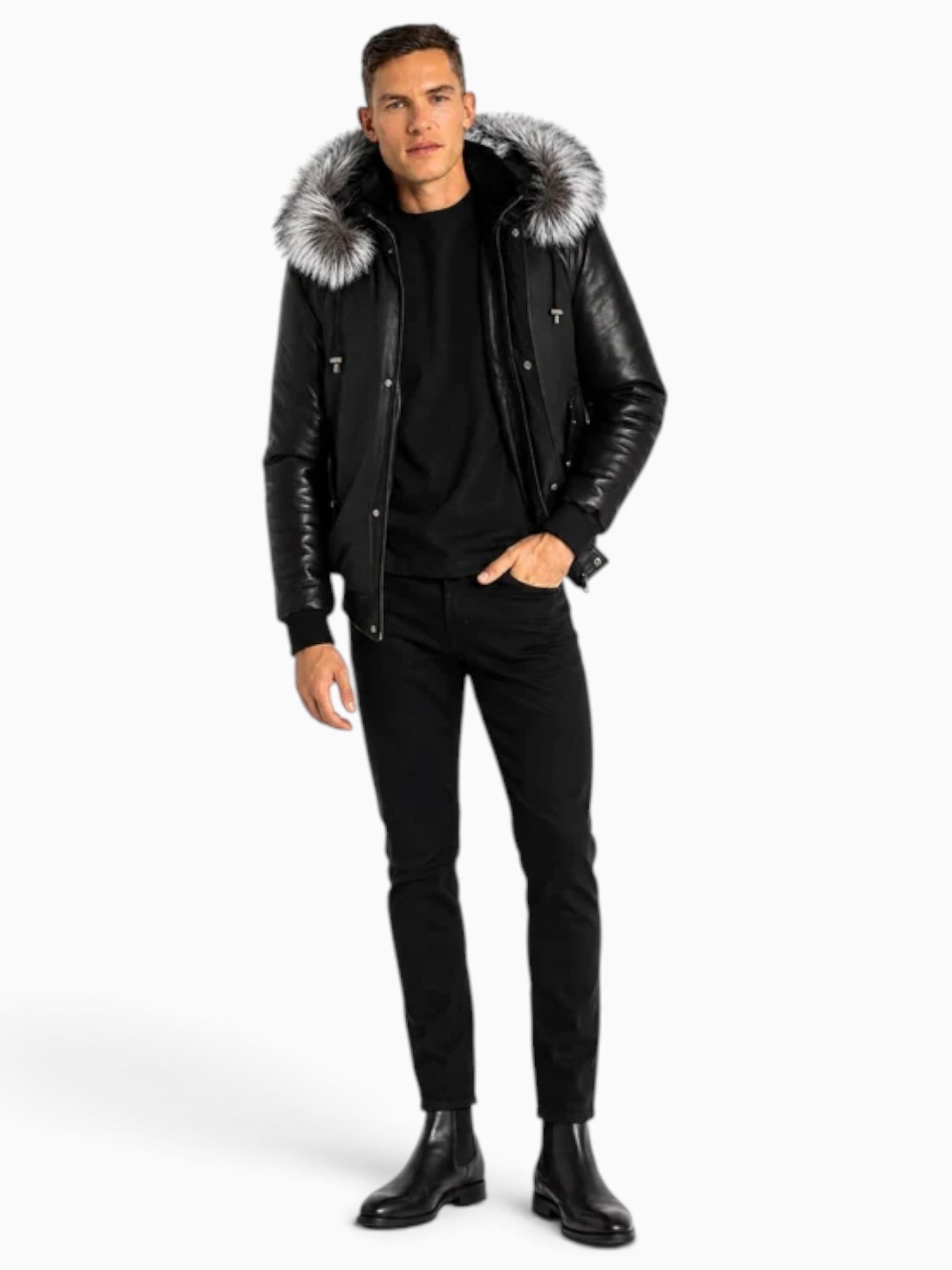 Victor Men's Winter Jacket Leather Sleeves With Silver Fox-thumbmail-1