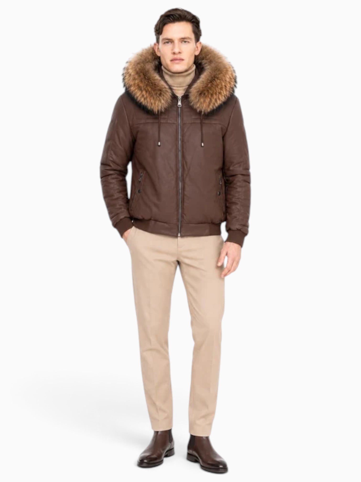 LIAM  Bomber Leather Jacket with Removable Hood - Natural Raccoon Fur Trim