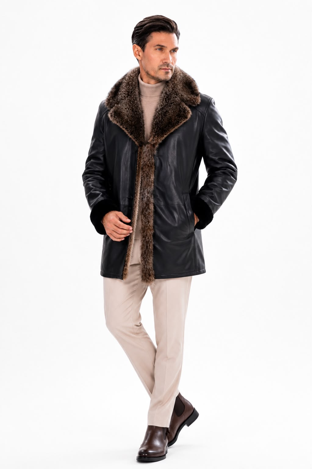 BRAD MEN'S  Genuine SHEARLING  JACKET with FOX FUR-thumbmail-1