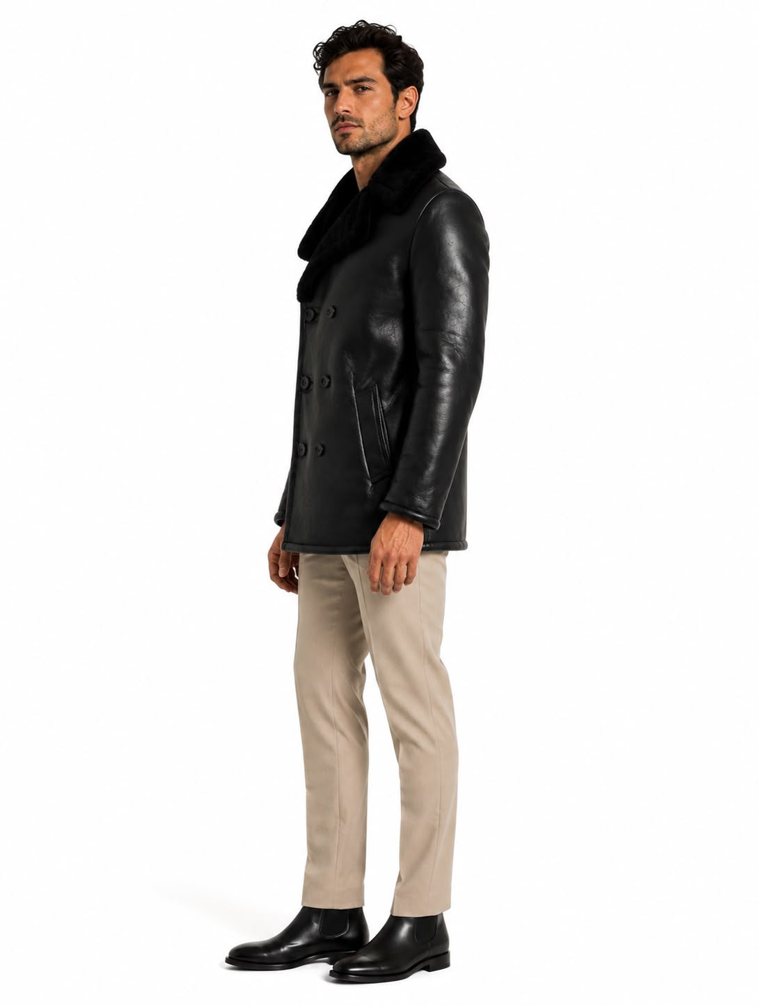 Quincy Men's Genuine Shearling Double-Breasted Coat – Black-thumbmail-6