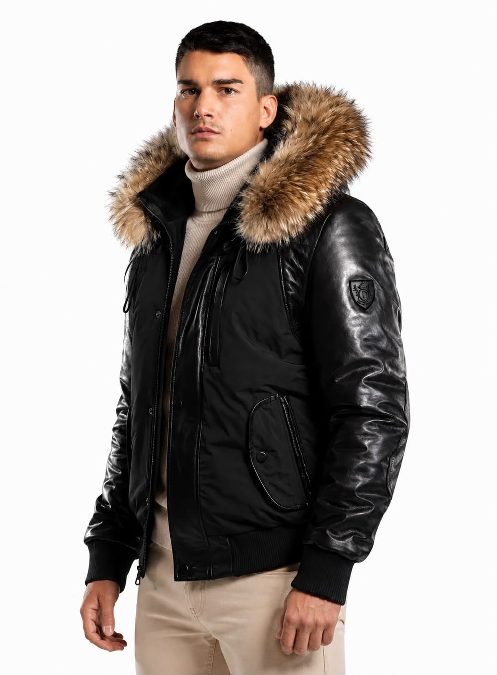 Victor Men's Winter Jacket Leather Sleeves With Natural Fur
