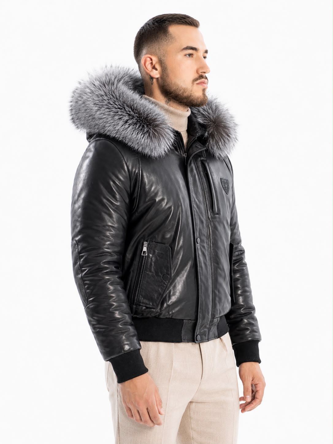 Victor Leather Bomber Jacket With Silver Fox-thumbmail-4