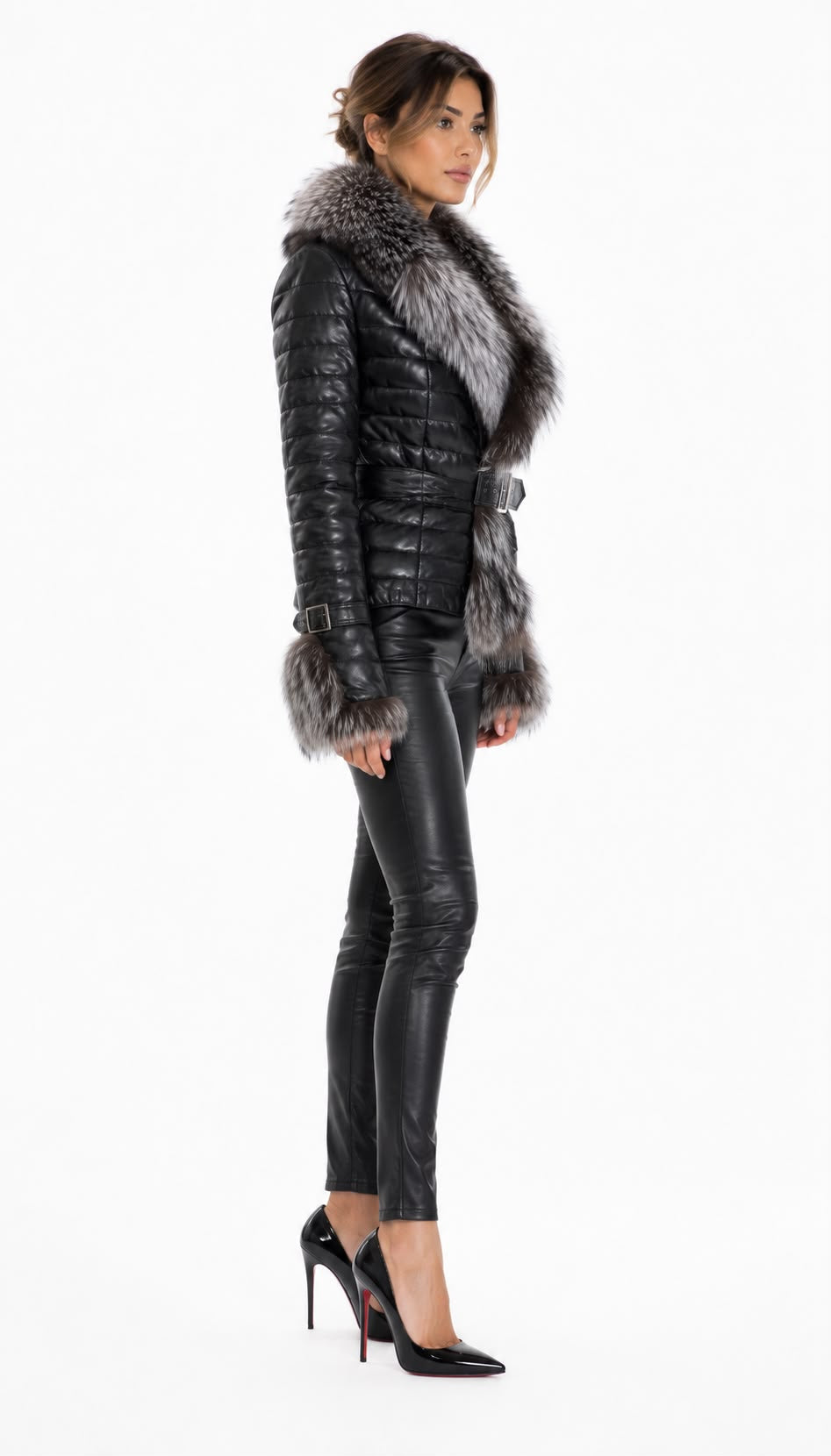 Gianna Women's Leather Coat with Silver Fox Fur-thumbmail-5