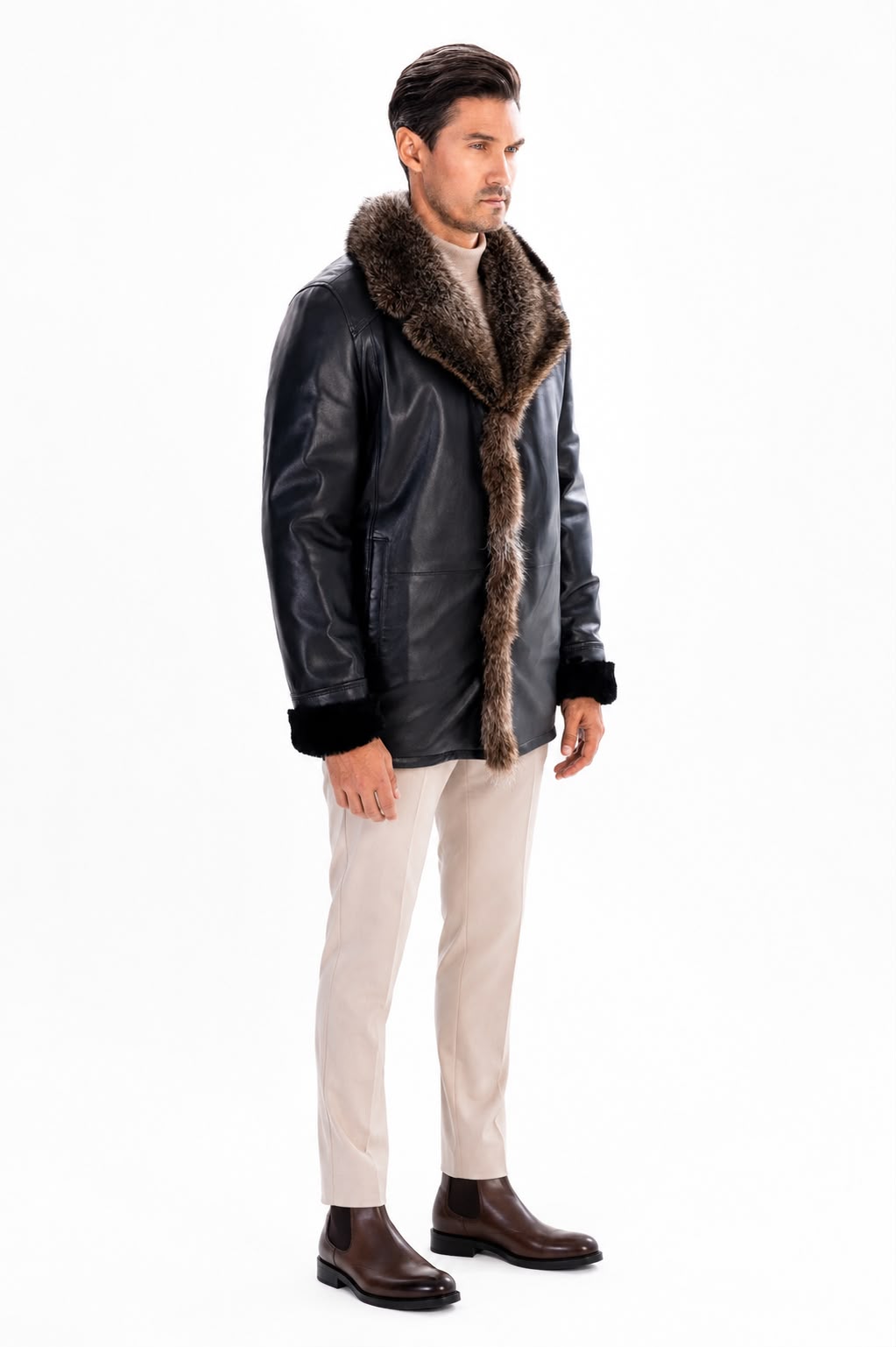 BRAD MEN'S  Genuine SHEARLING  JACKET with FOX FUR-thumbmail-5