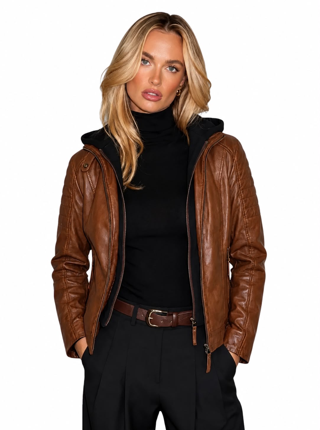 REBECCA BIKER Leather Jacket with Removable Hoodie-thumbmail-3