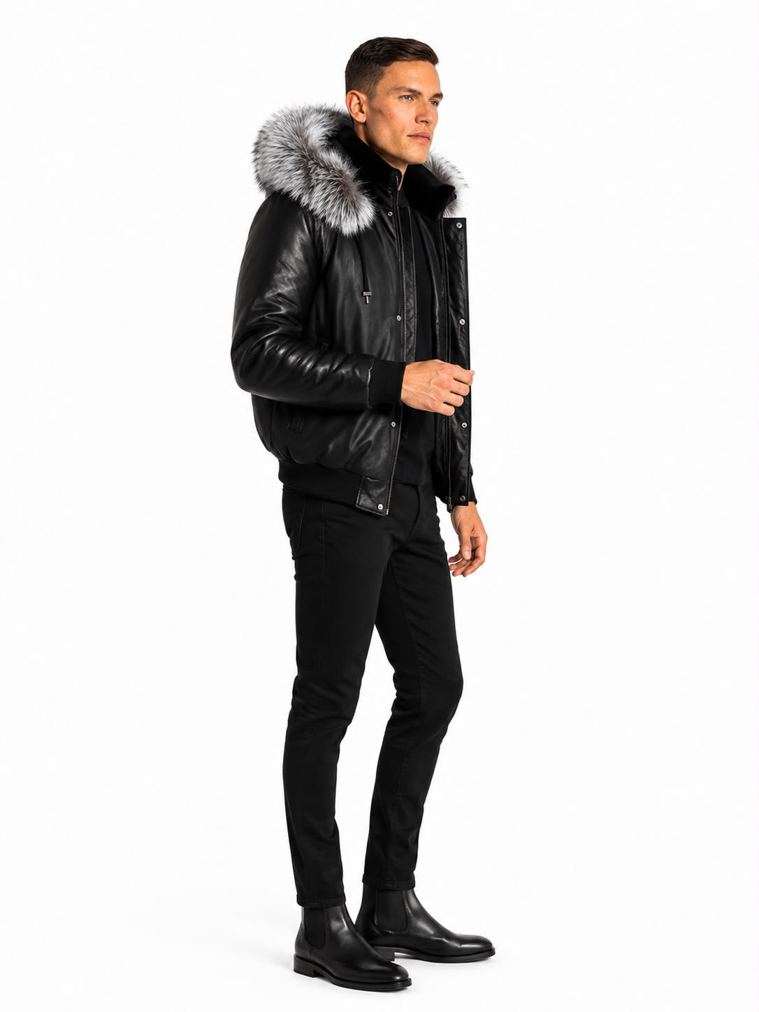 Victor Men's Winter Jacket Leather Sleeves With Silver Fox-thumbmail-5