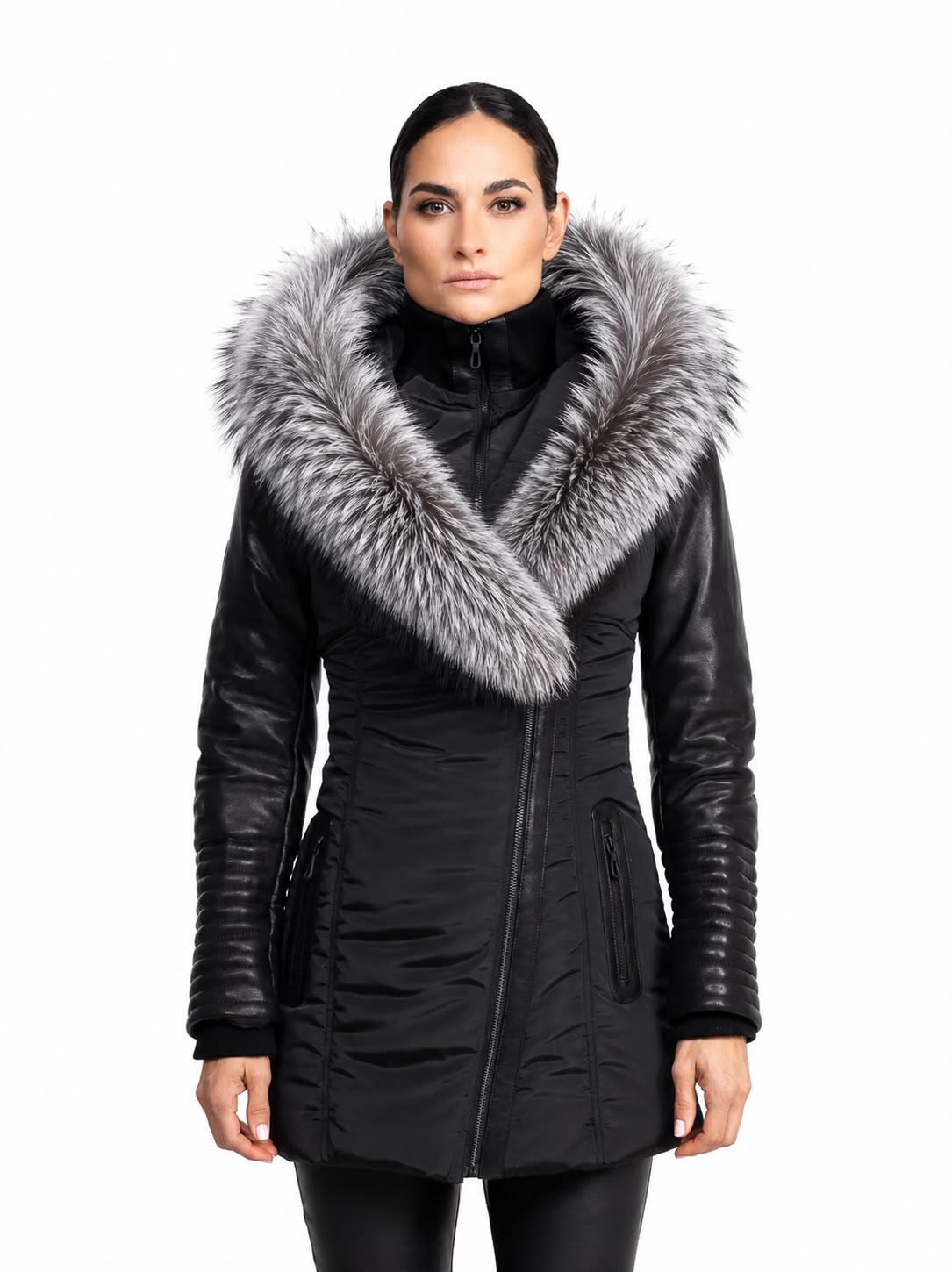 Melania - Silver Fox Puffer Jacket With Leather Sleeves-thumbmail-4