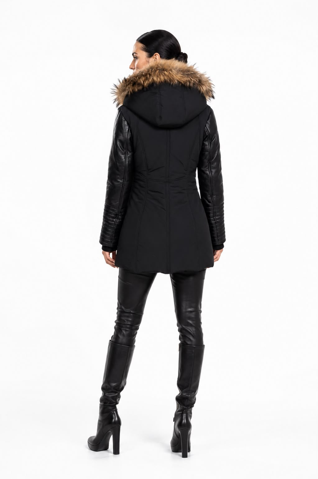 Melania - Natural Fur Down Puffer with Leather Sleeves