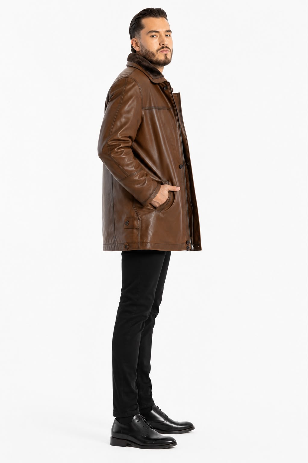 Hudson Premium Lambskin Leather Jacket with Removable Lining & Fur Collar-thumbmail-5