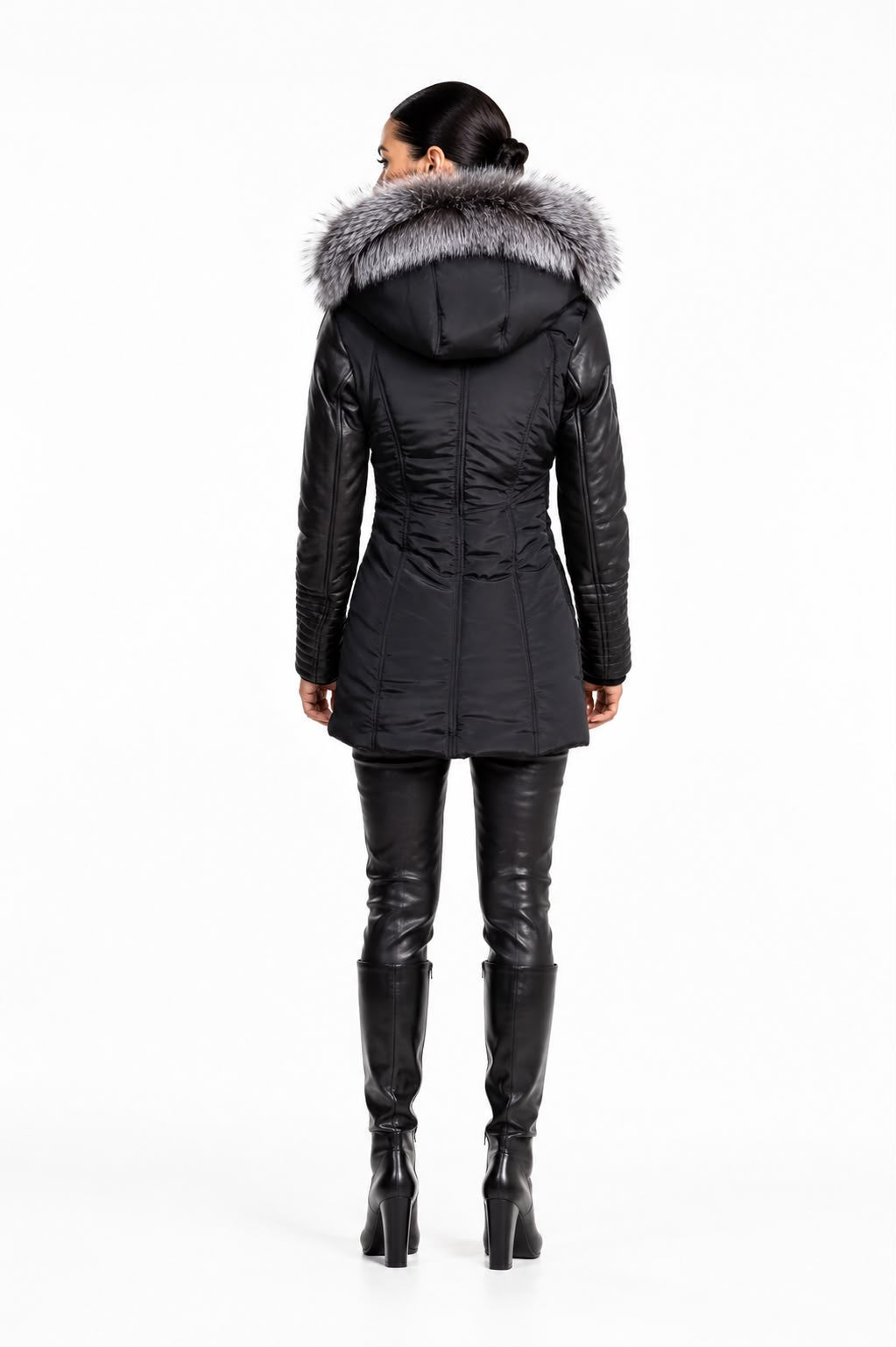 Melania - Silver Fox Puffer Jacket With Leather Sleeves
