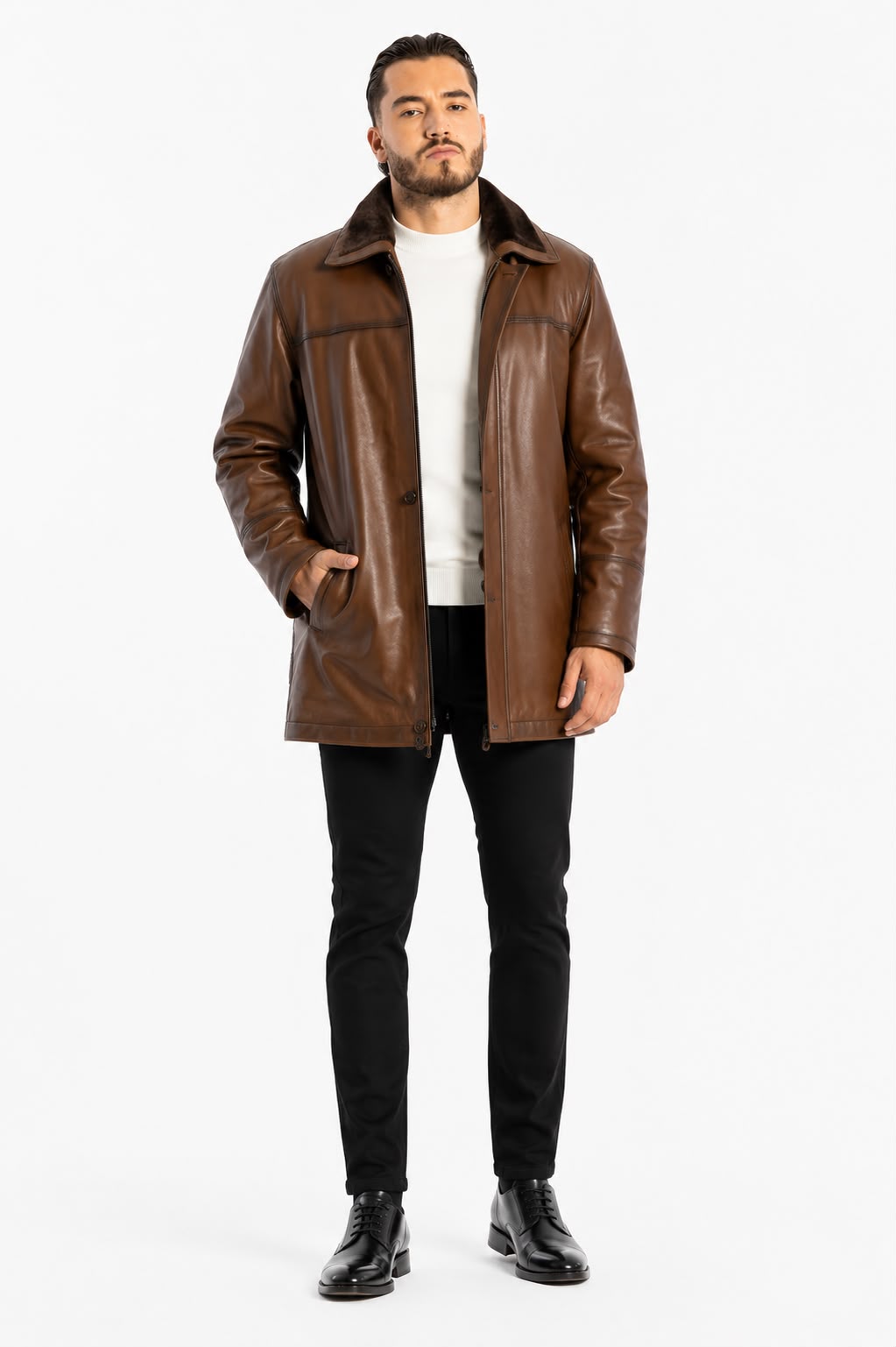 Hudson Premium Lambskin Leather Jacket with Removable Lining & Fur Collar