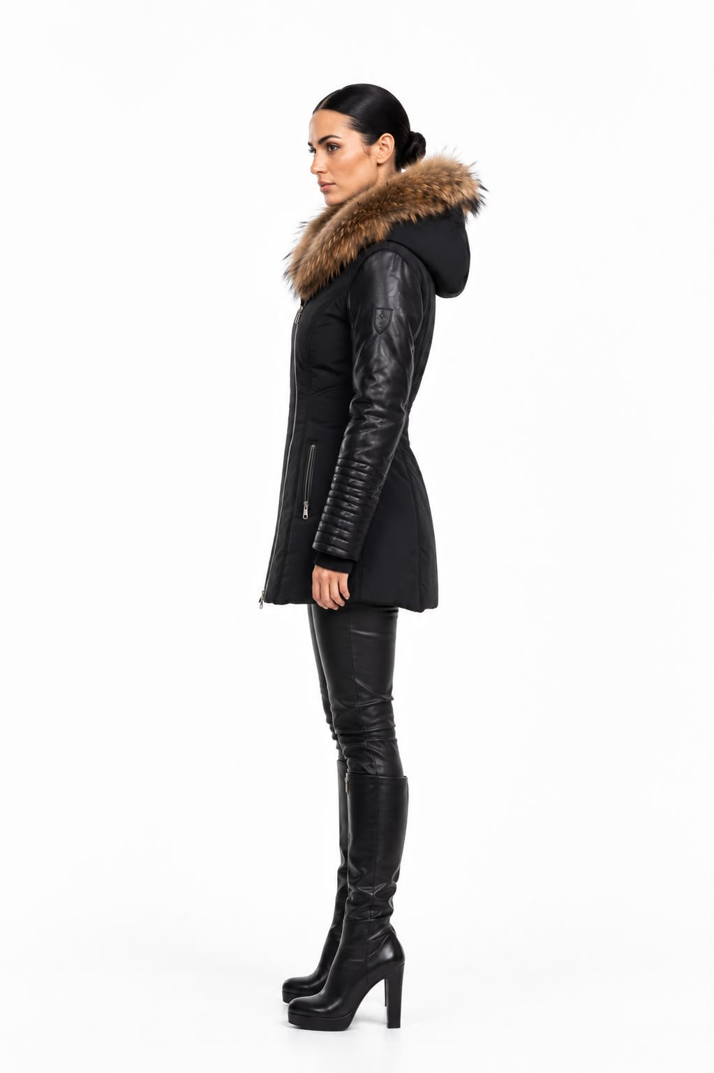 Melania - Natural Fur Down Puffer with Leather Sleeves-thumbmail-3
