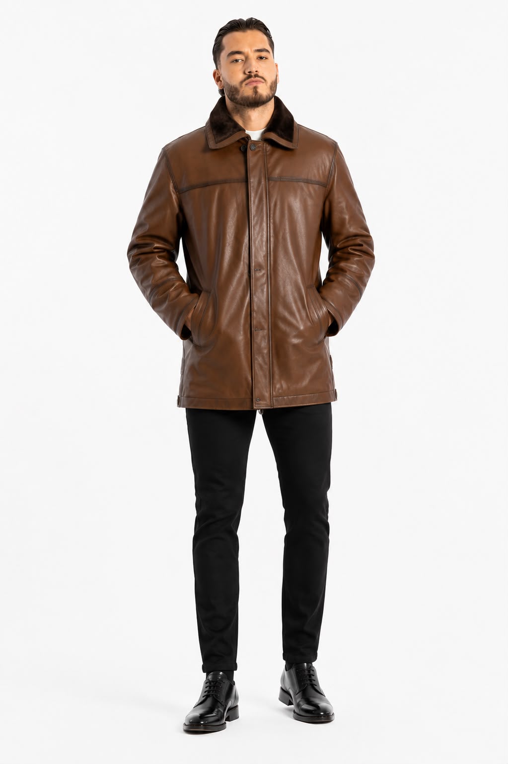 Hudson Premium Lambskin Leather Jacket with Removable Lining & Fur Collar-thumbmail-3