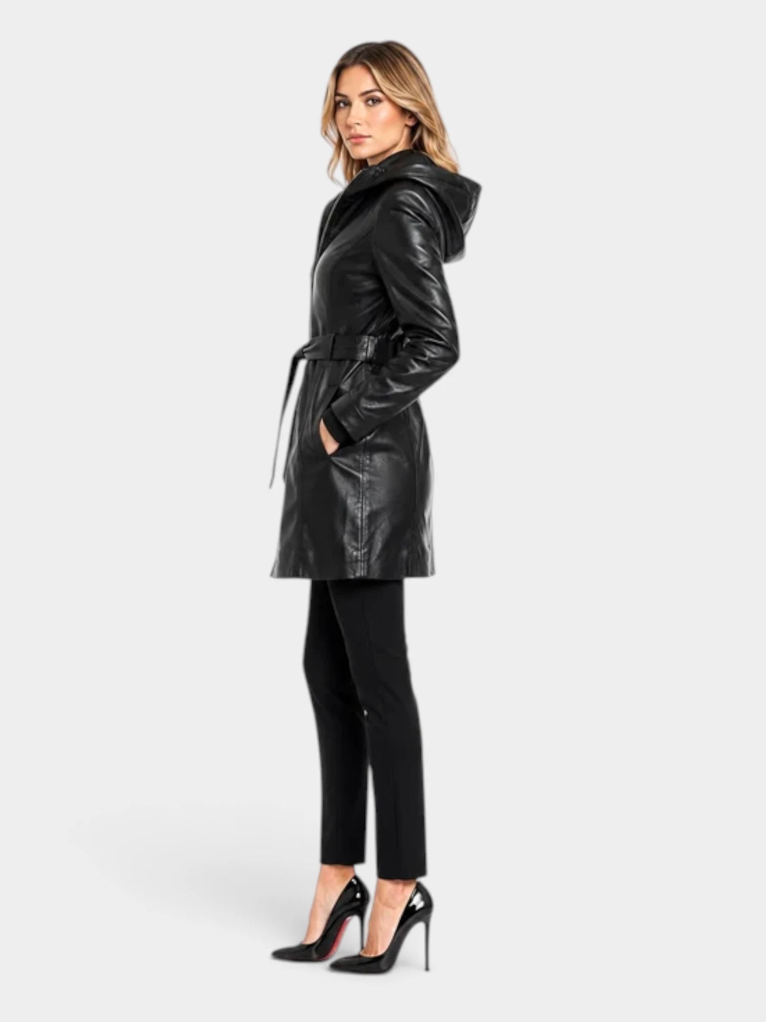 Krystal Leather Trench Jacket with Hood