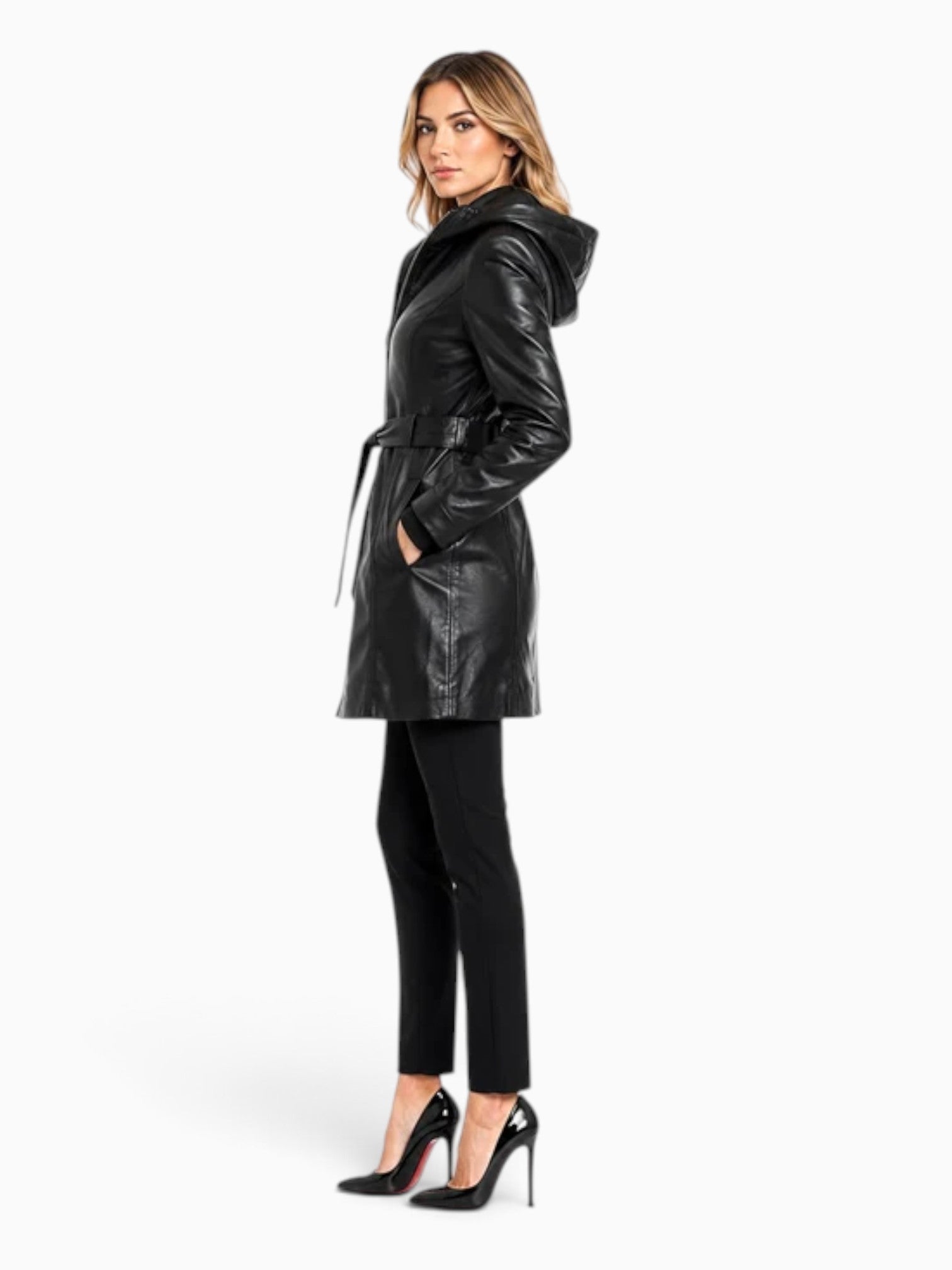 Krystal Leather Trench Jacket with Hood