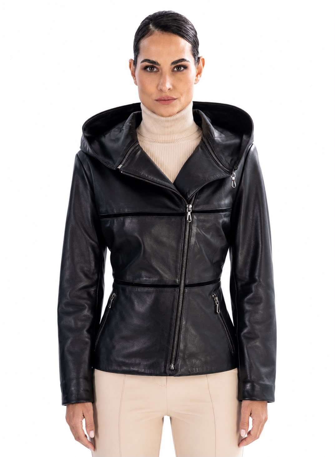 ANGELIQUE Leather Jacket with Removable Hood – 3 Looks in One
