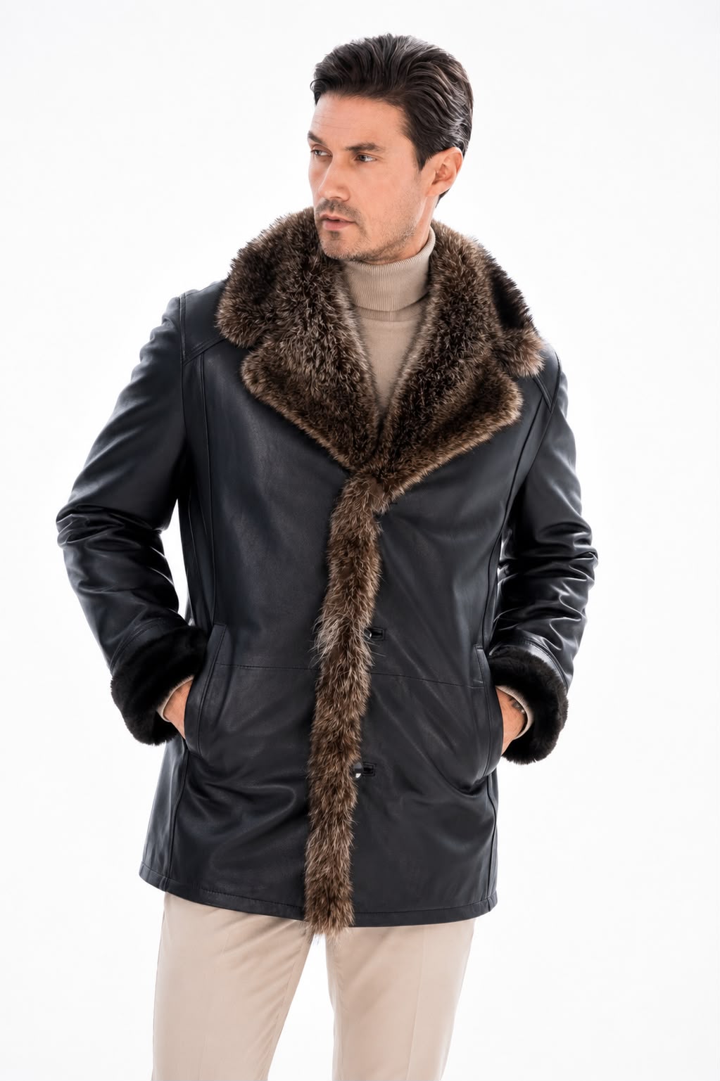 BRAD MEN'S  Genuine SHEARLING  JACKET with FOX FUR-thumbmail-2