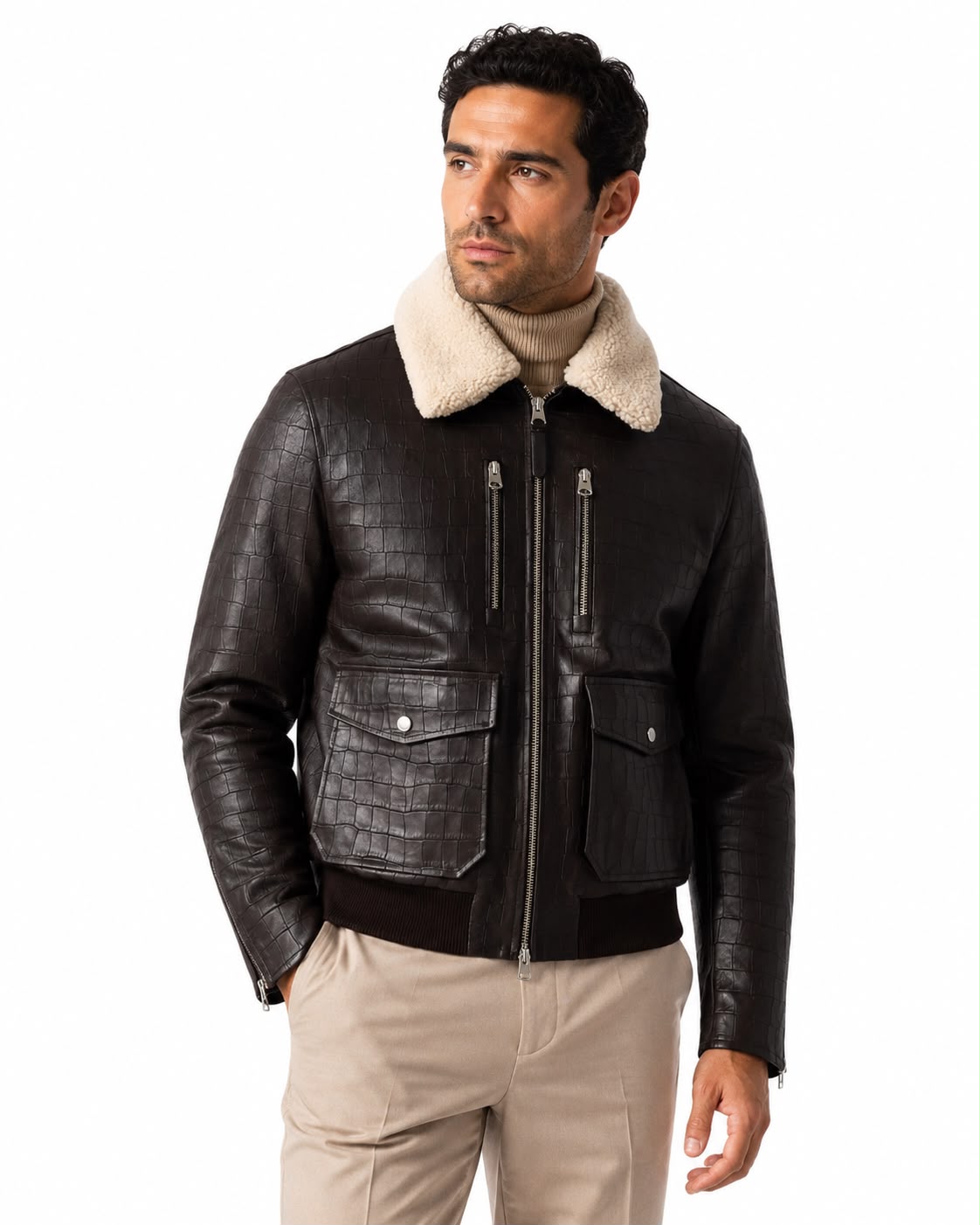 Firenze Croc-Embossed Leather Bomber Jacket with Shearling Collar