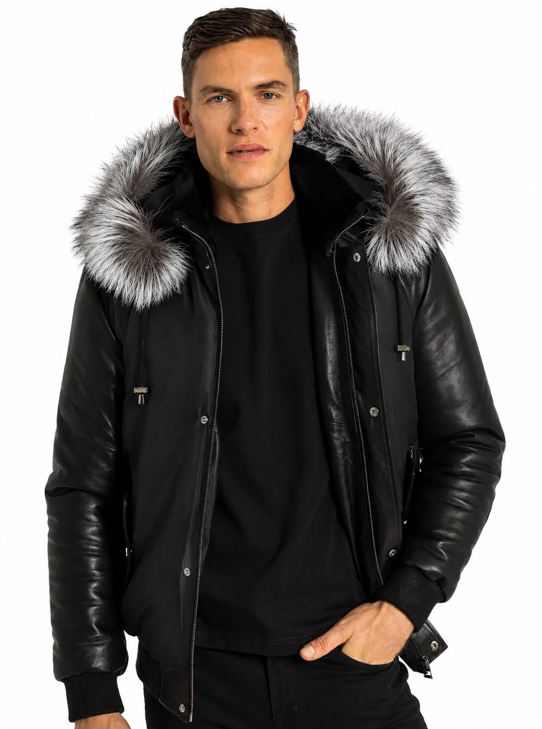 Victor Men's Winter Jacket Leather Sleeves With Silver Fox-thumbmail-4