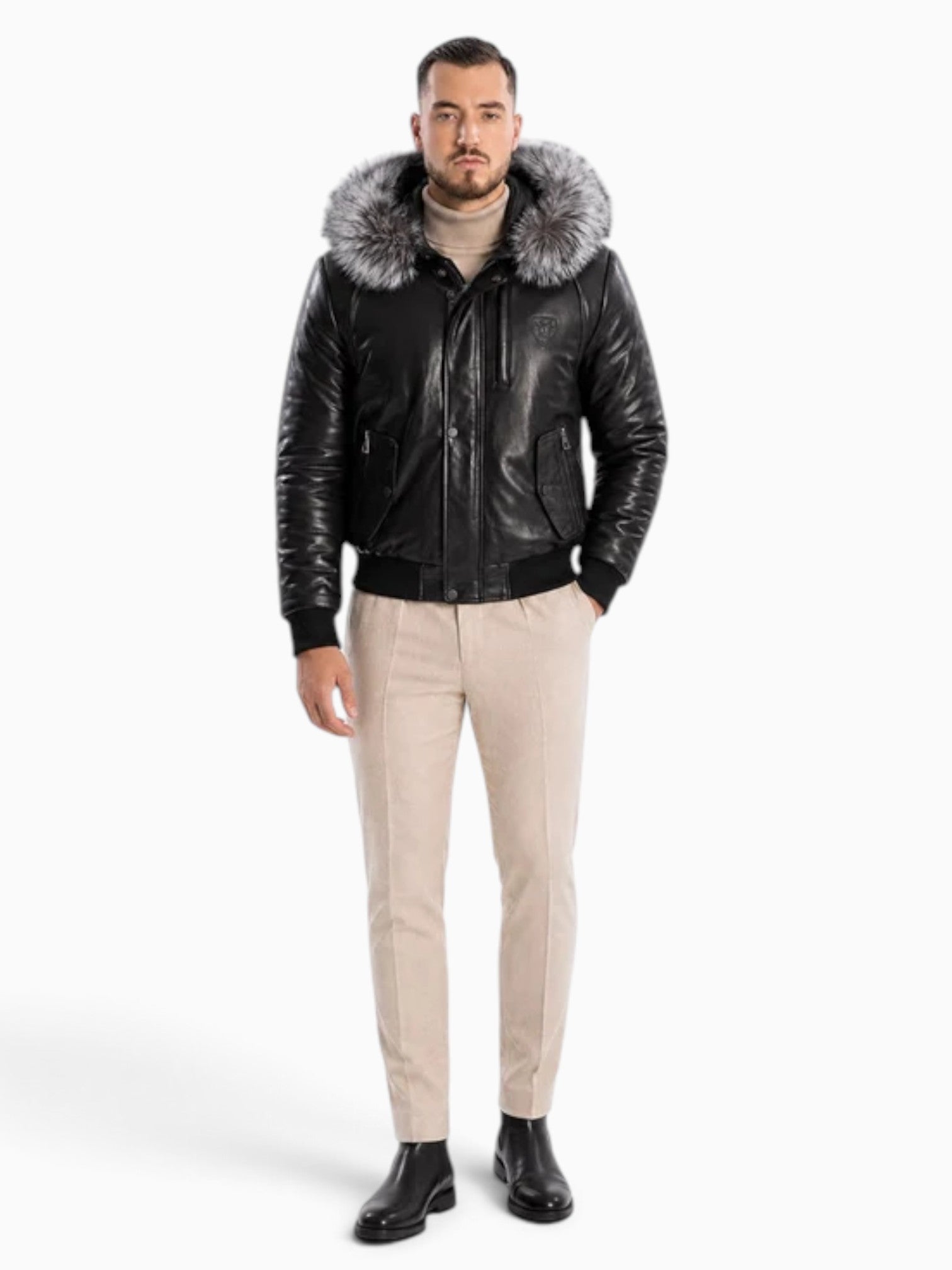 Victor Leather Bomber Jacket With Silver Fox