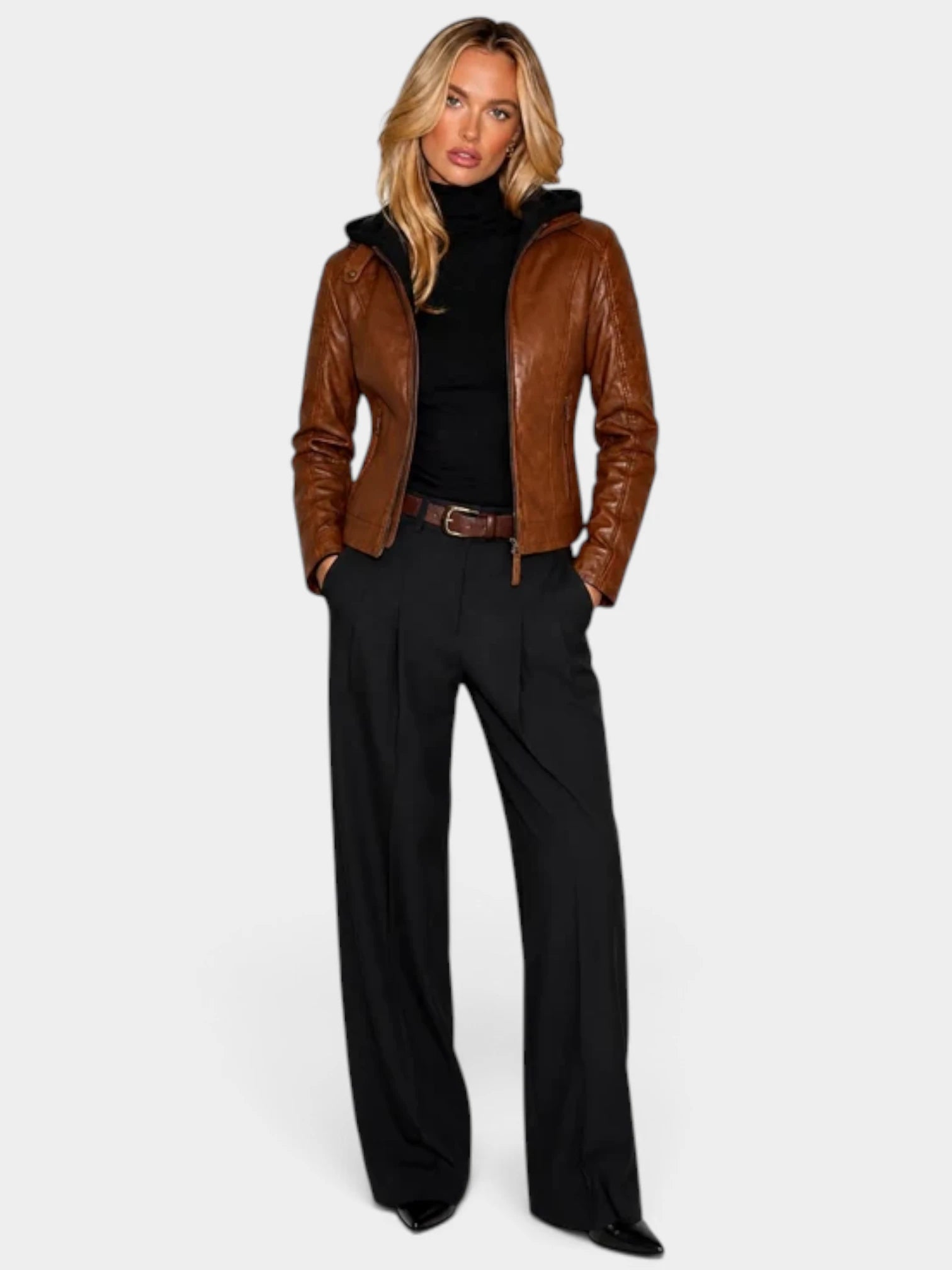 REBECCA BIKER Leather Jacket with Removable Hoodie
