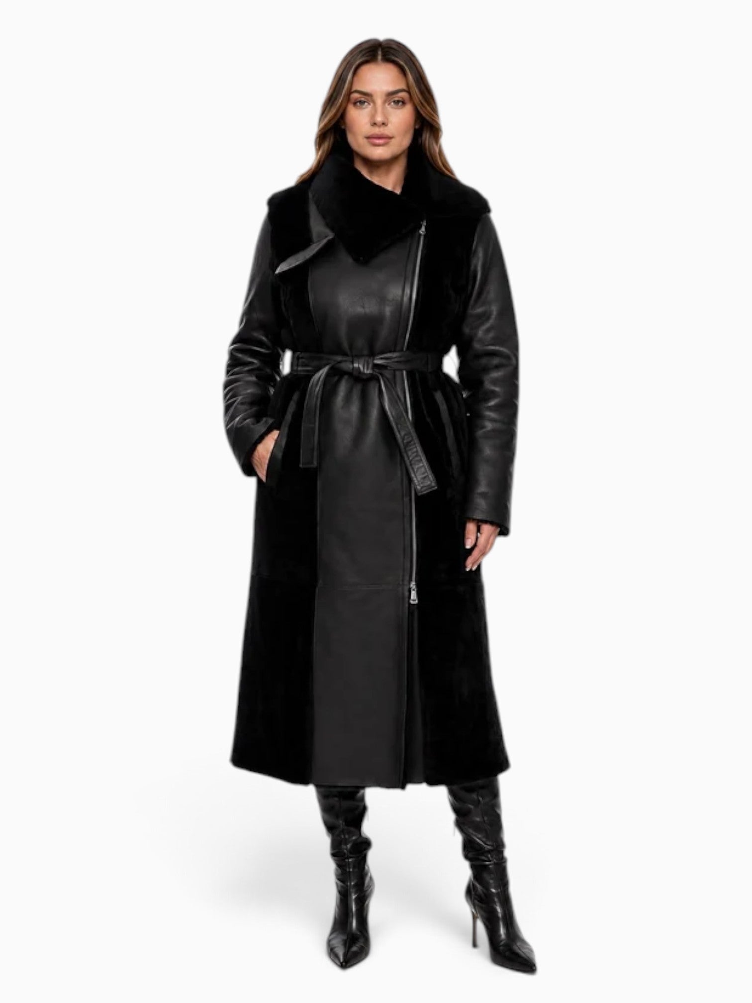 Alicent Genuine Shearling Long Coat  -  Black Leather & Shearling
