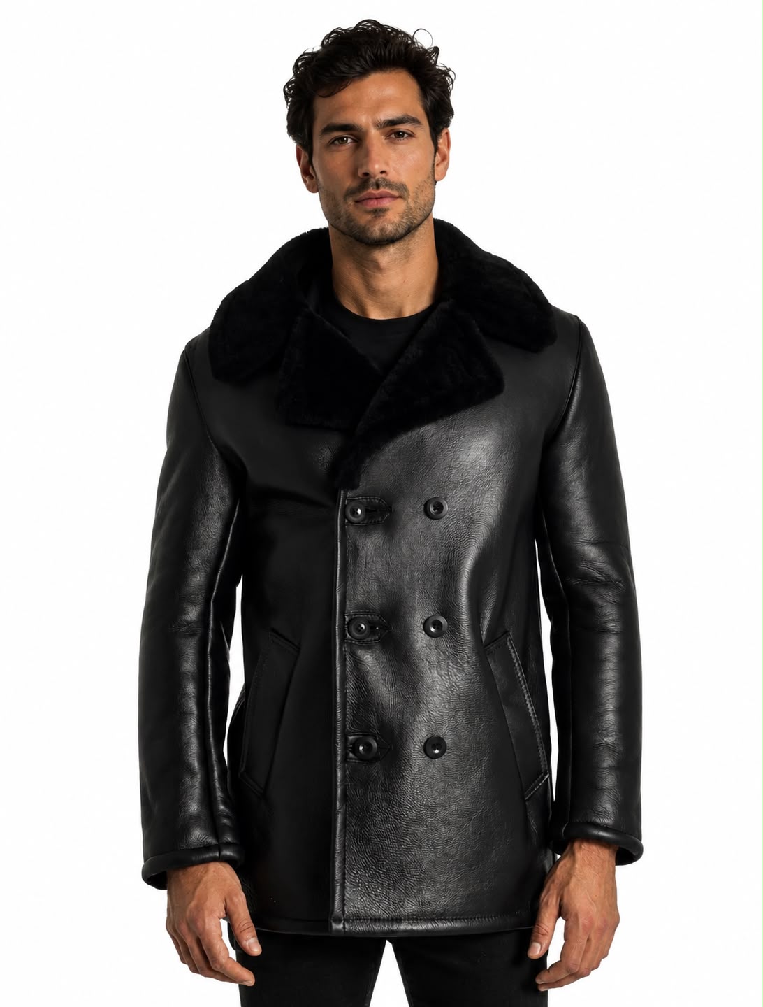 Quincy Men's Genuine Shearling Double-Breasted Coat – Black-thumbmail-1