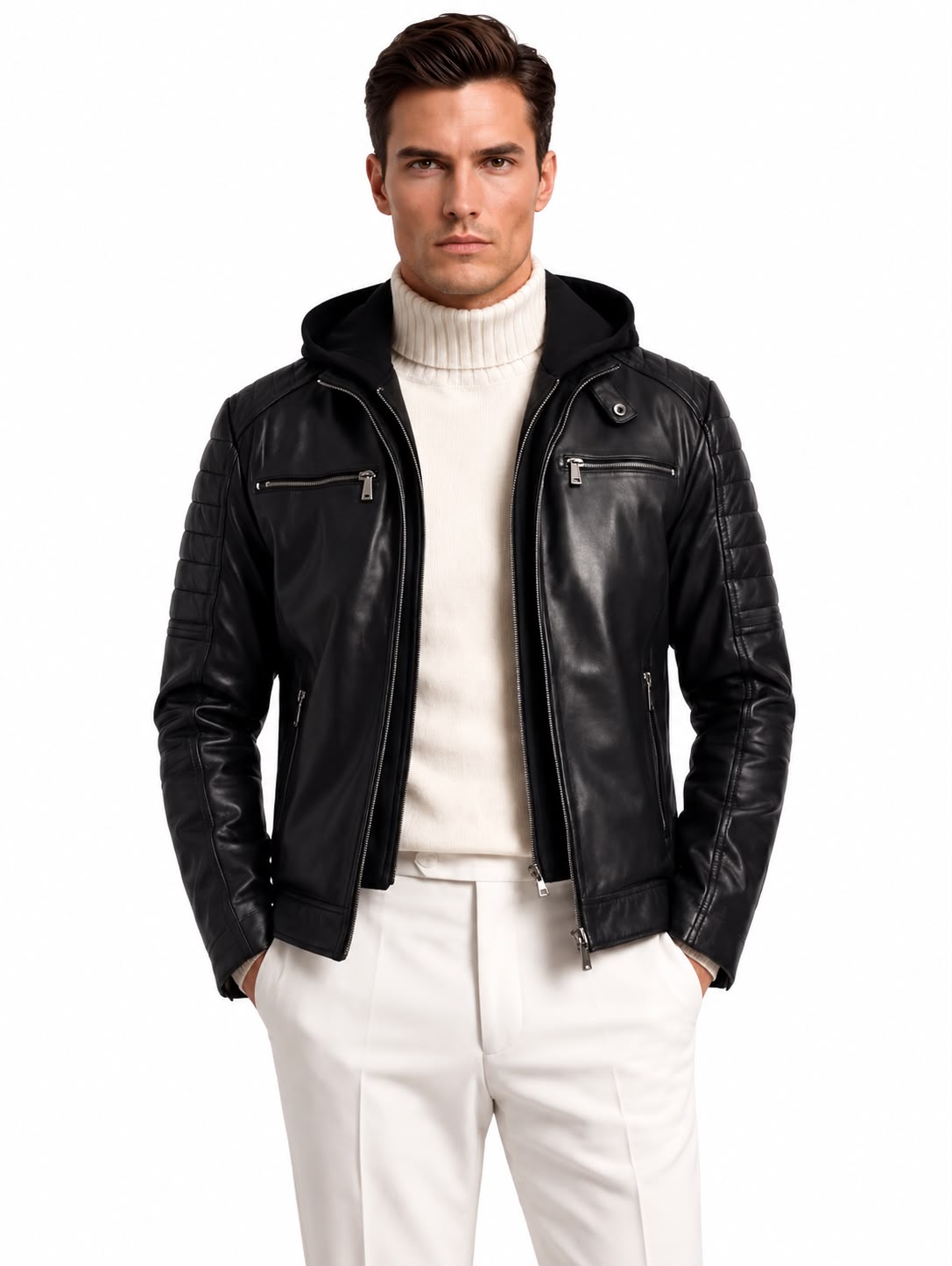 RYDER Men's Genuine Lambskin Leather Jacket with Removable Hood