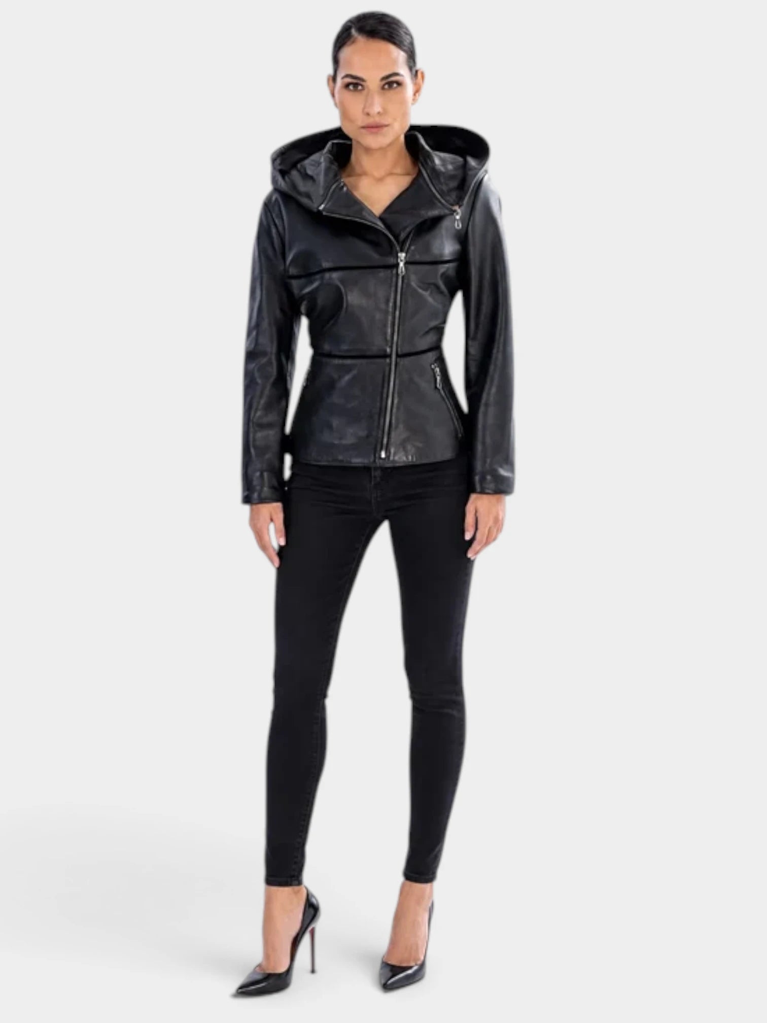 ANGELIQUE Leather Jacket with Removable Hood – 3 Looks in One