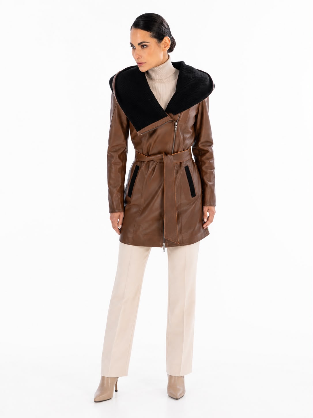 Lucie Leather Trench Coat - Brown-thumbmail-4