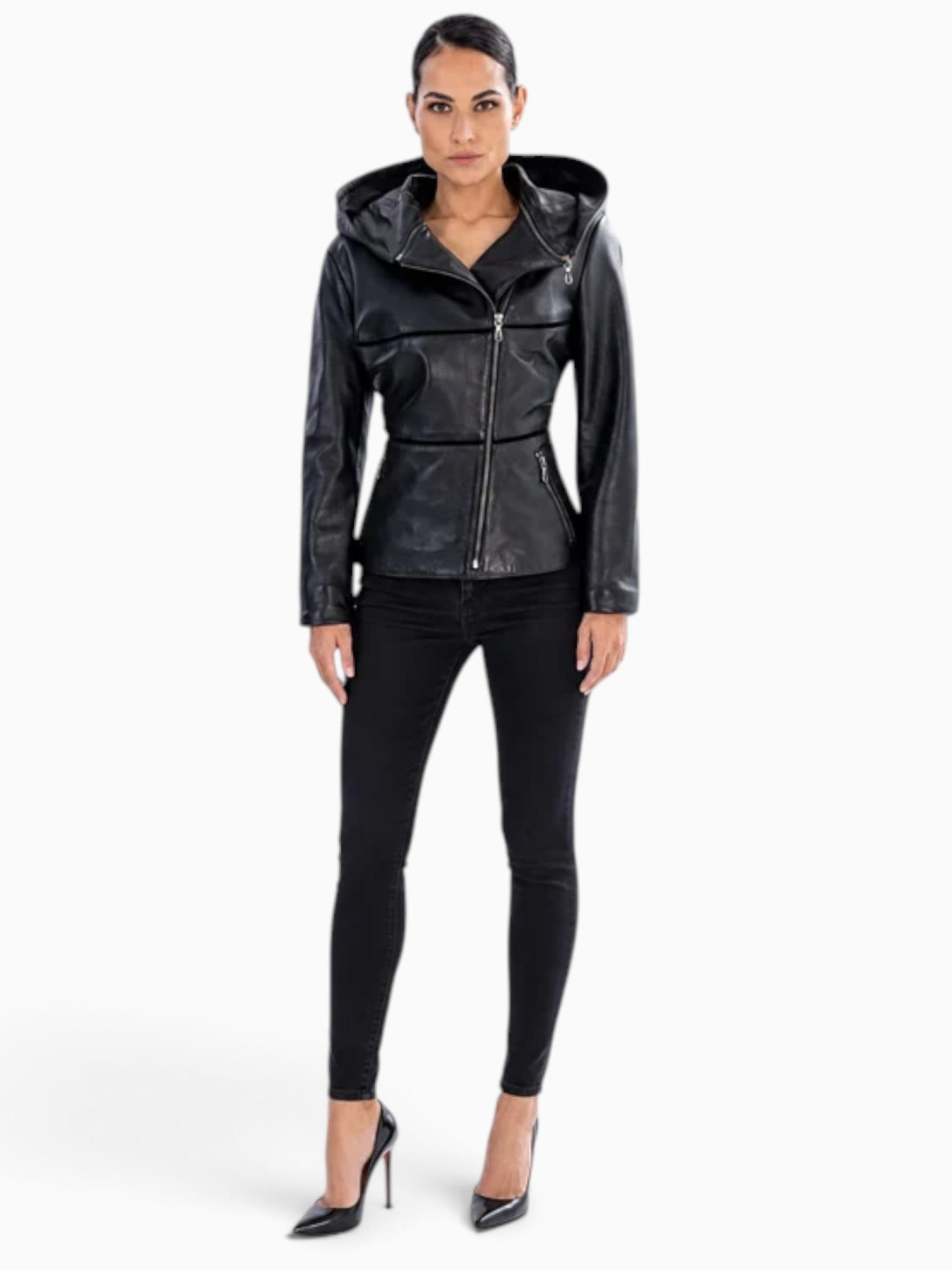 ANGELIQUE Leather Jacket with Removable Hood – 3 Looks in One
