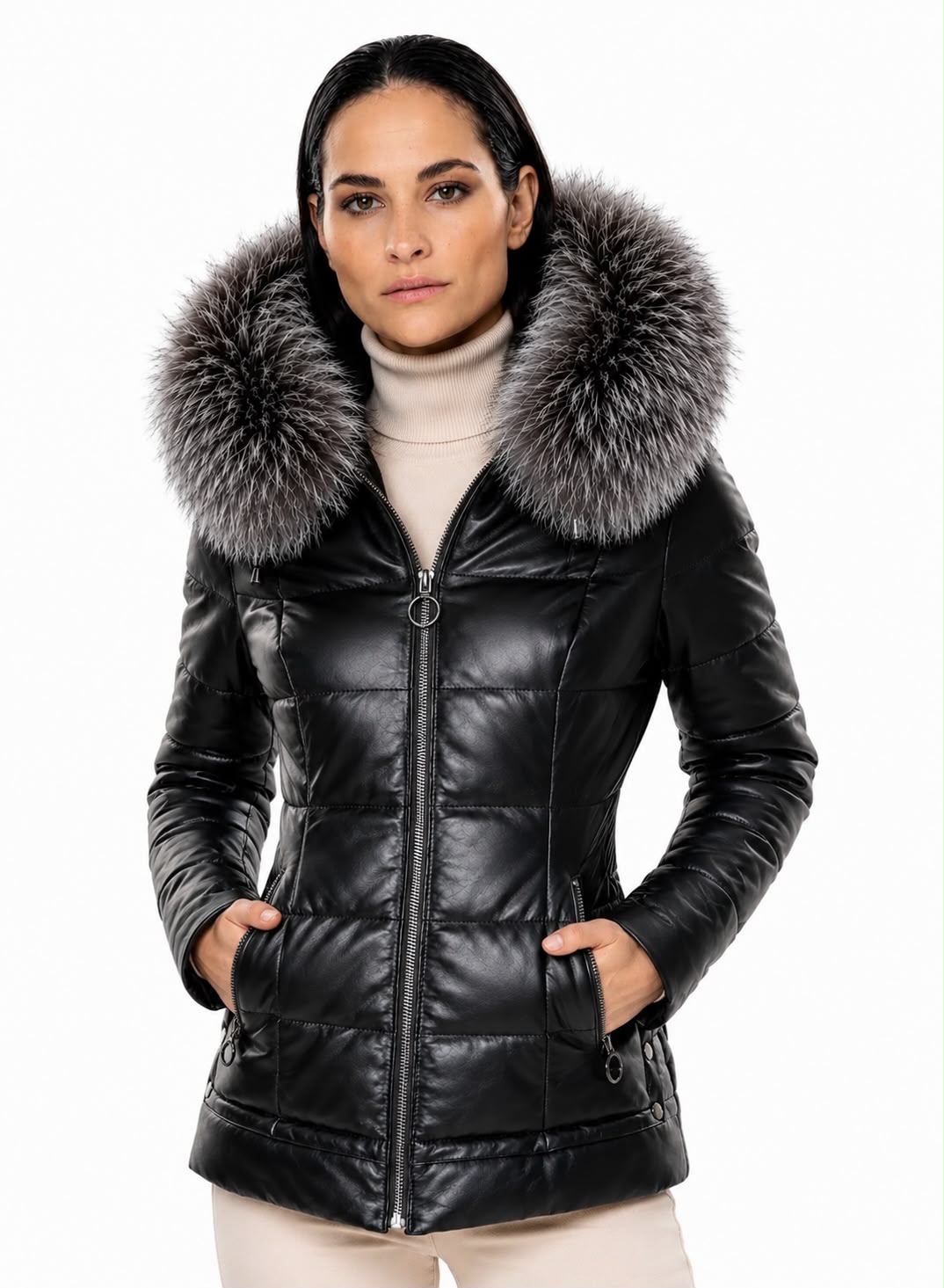 Lyanna Women's Leather Down Coat with Removable Fur