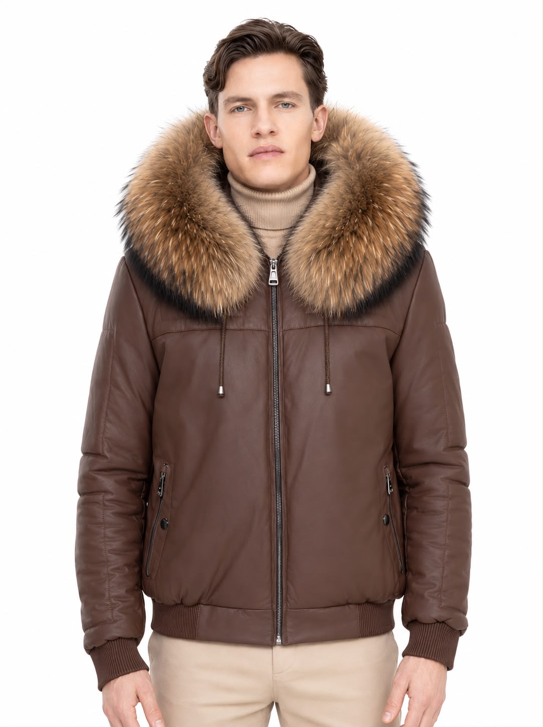 LIAM  Bomber Leather Jacket with Removable Hood - Natural Raccoon Fur Trim-thumbmail-3