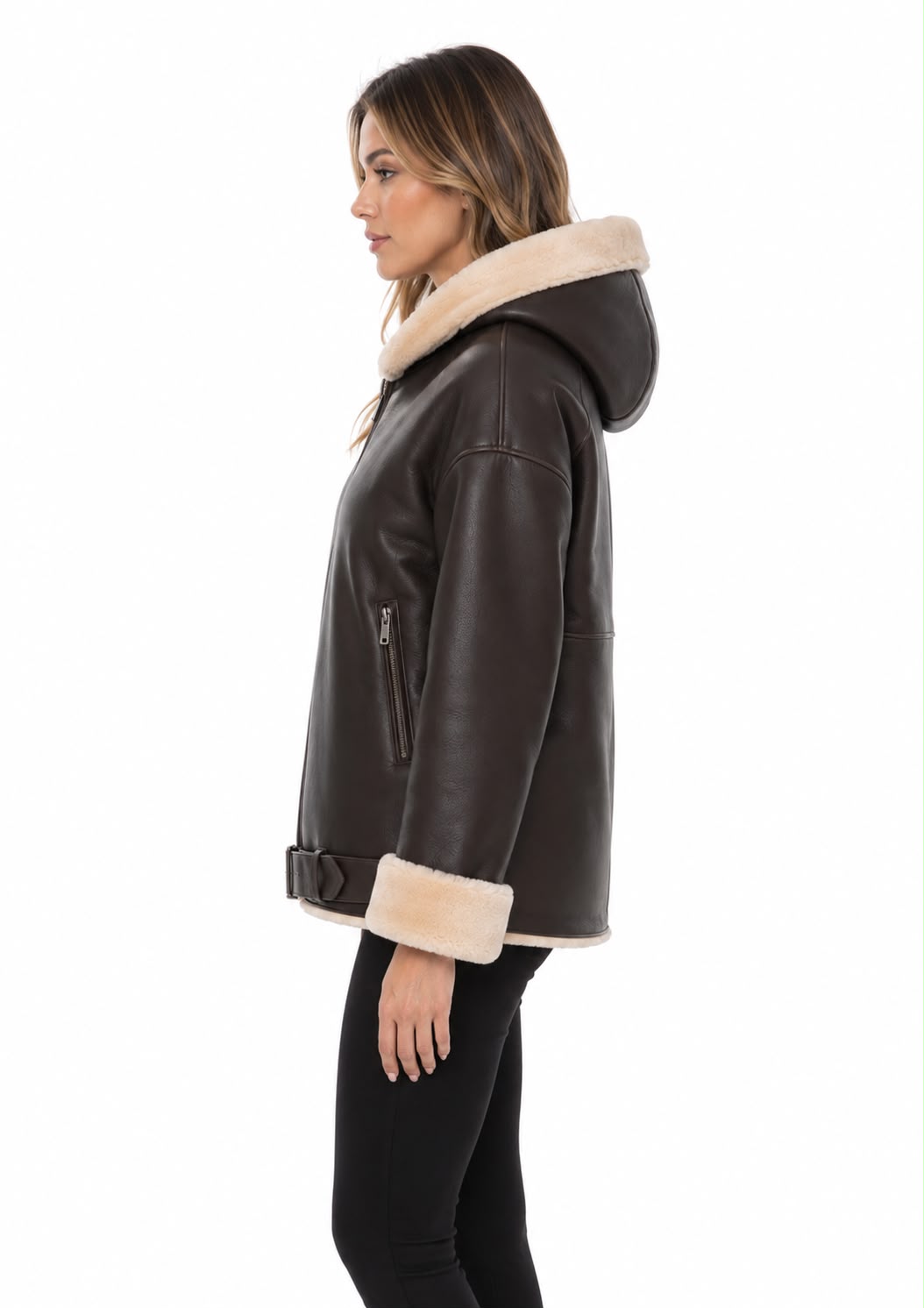 Valentia Shearling Hooded Leather Jacket – Dark Brown with Natural Shearling Trim-thumbmail-3