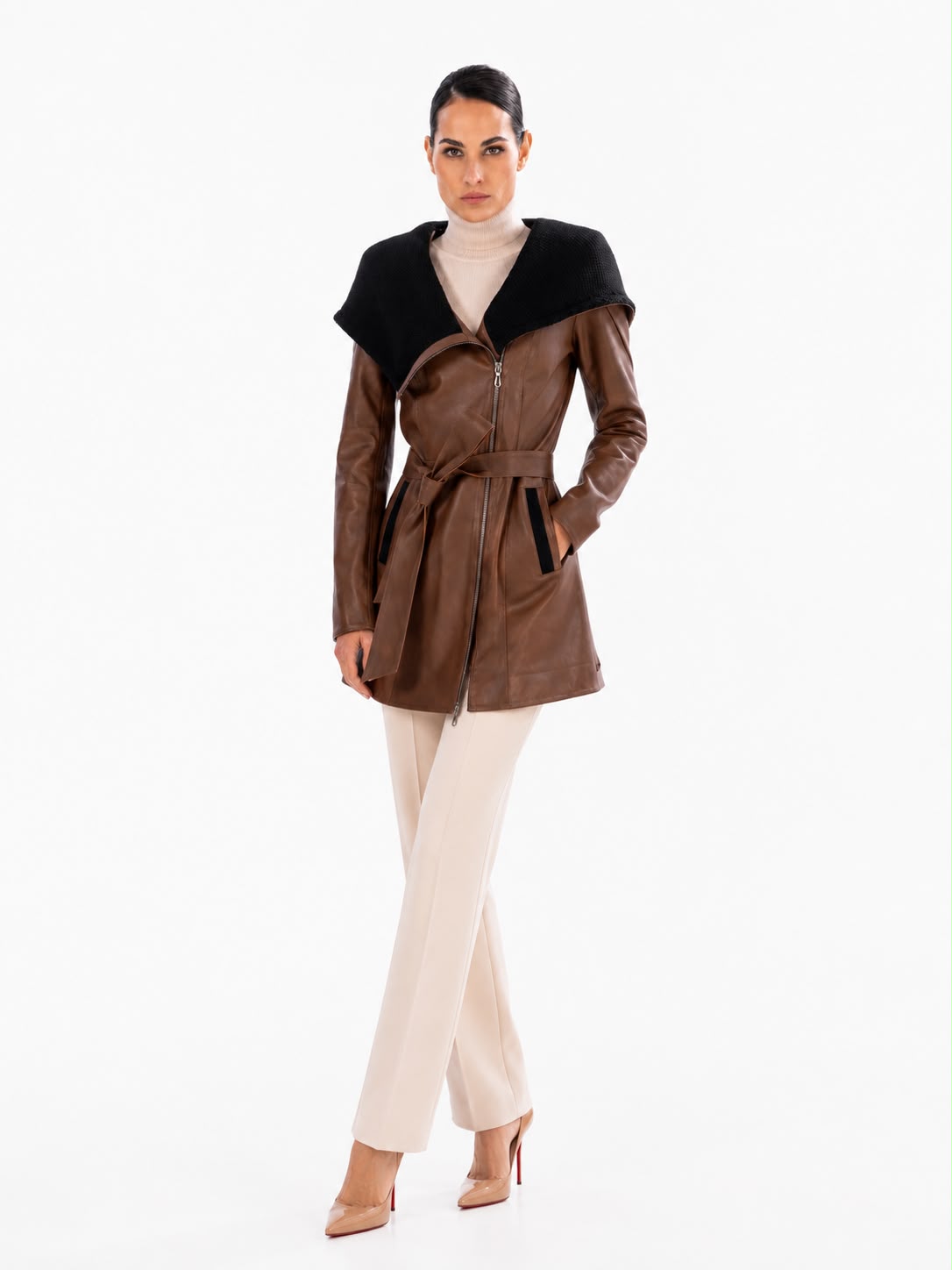 Lucie Leather Trench Coat - Brown