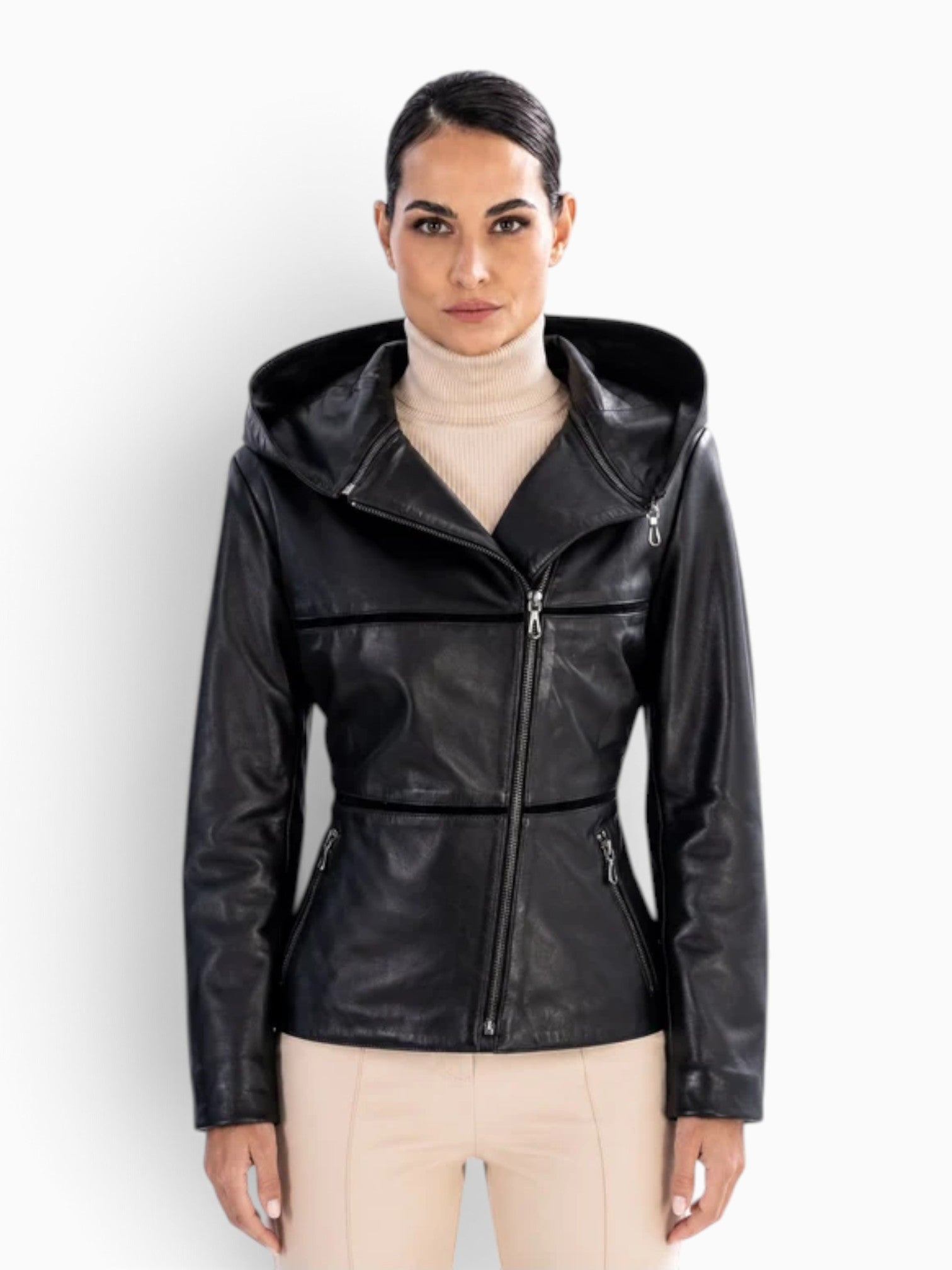ANGELIQUE Leather Jacket with Removable Hood – 3 Looks in One