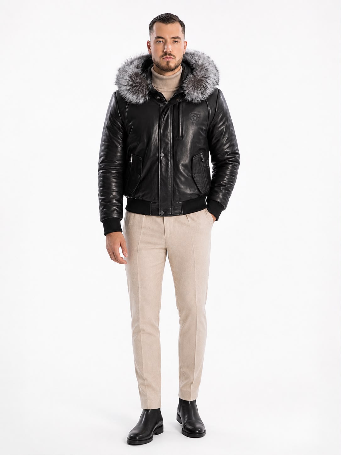 Victor Leather Bomber Jacket With Silver Fox-thumbmail-5