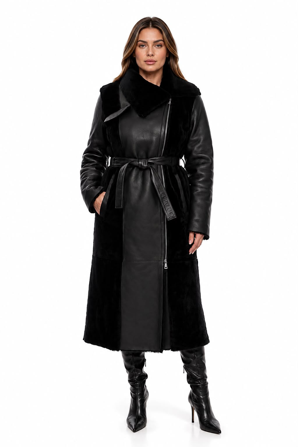 Alicent Genuine Shearling Long Coat  -  Black Leather & Shearling