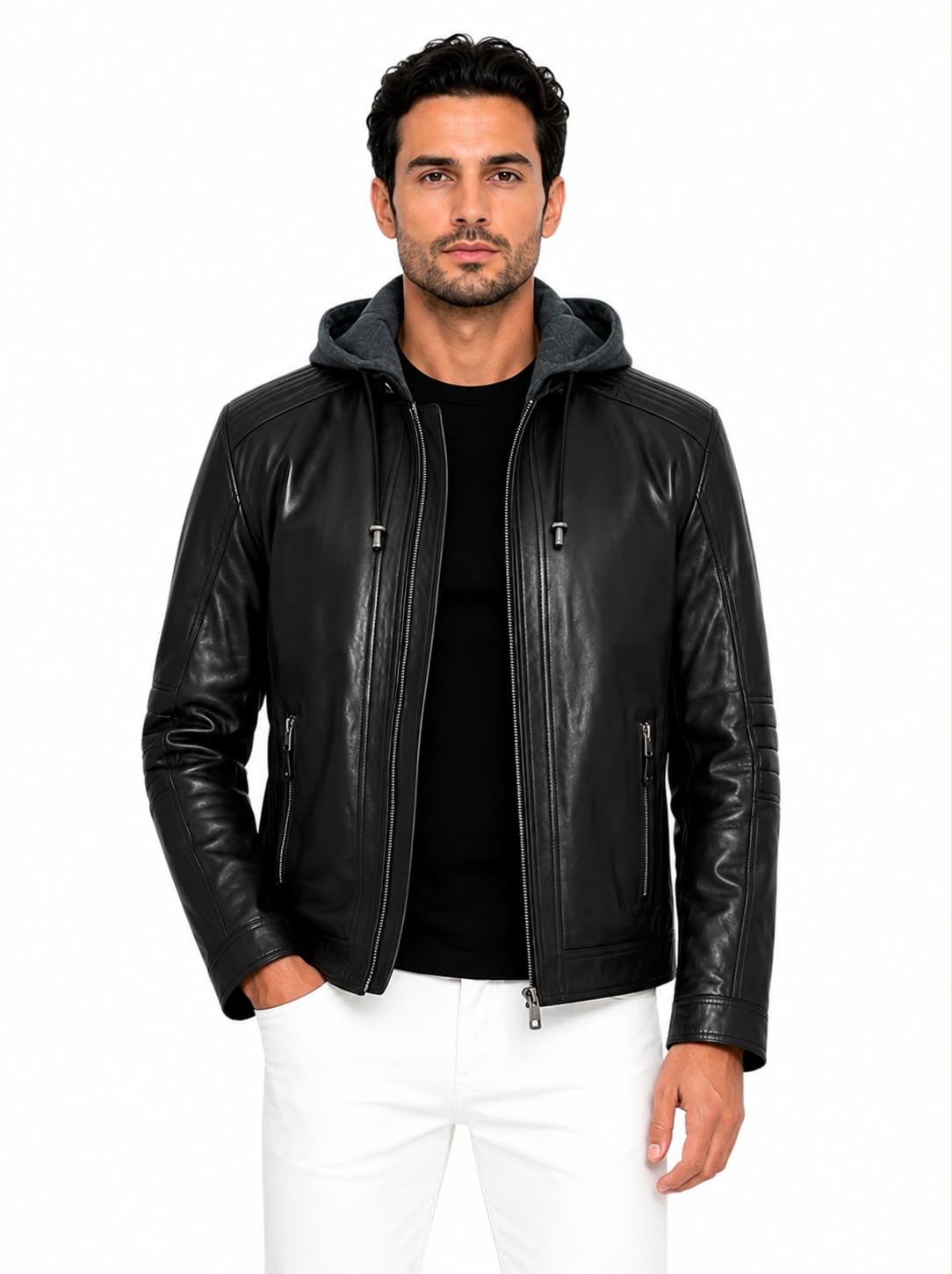 Andrew biker Leather Jacket with Removable Hood