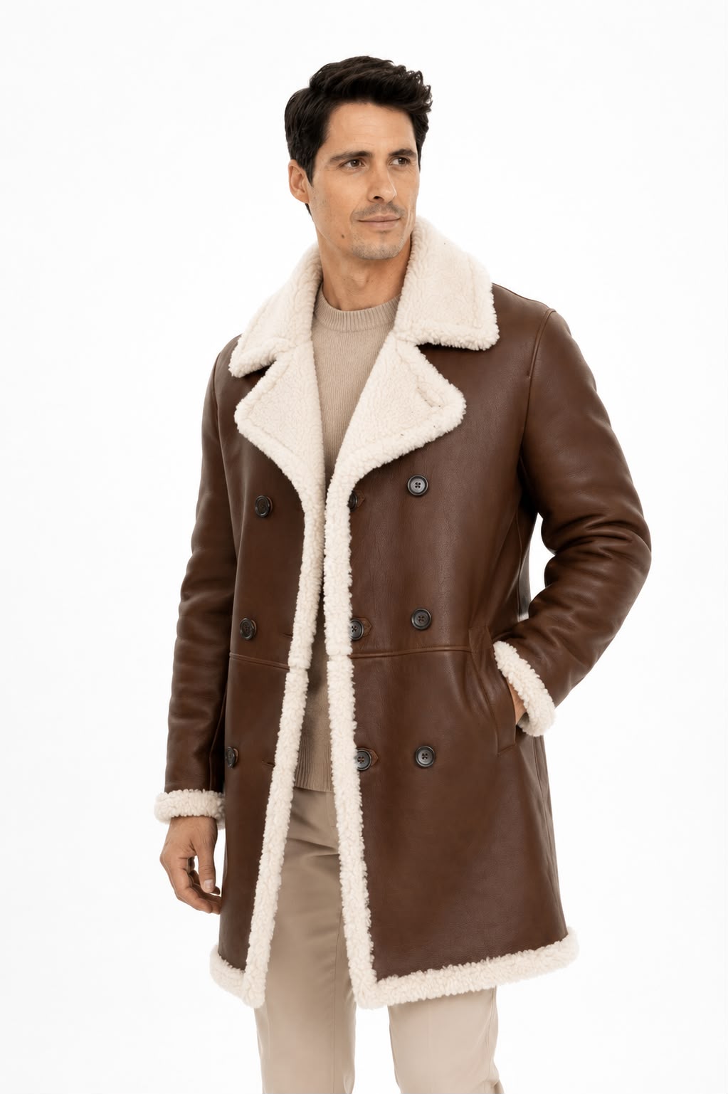 Nick Mens Genuine  Shearling Trench Coat